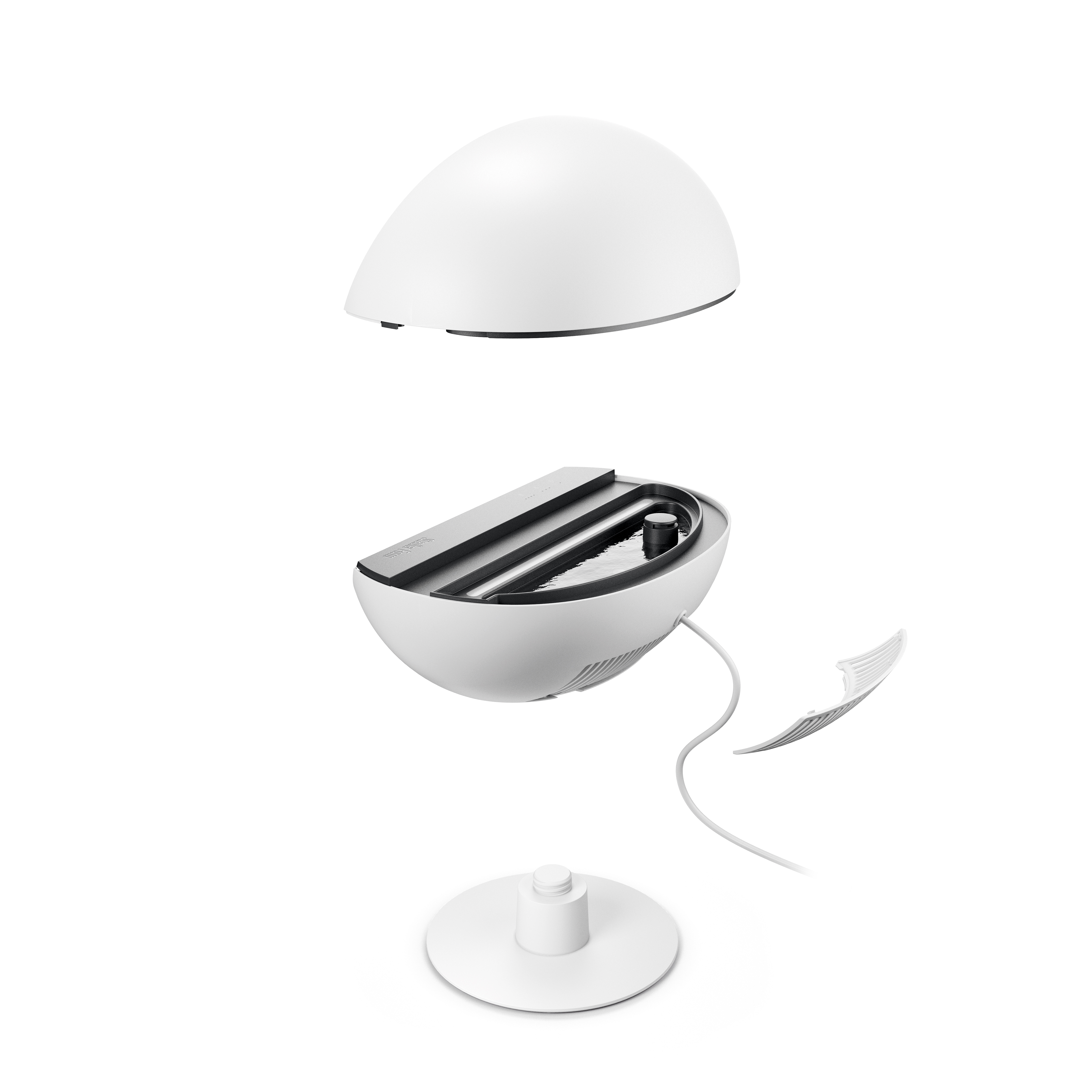 Ein weißer, zerlegter Luftbefeuchter. Komponenten umfassen Oberteil, Basis, Wasserkammer und einen kleinen Ventilator. Alles auf weißem Hintergrund.