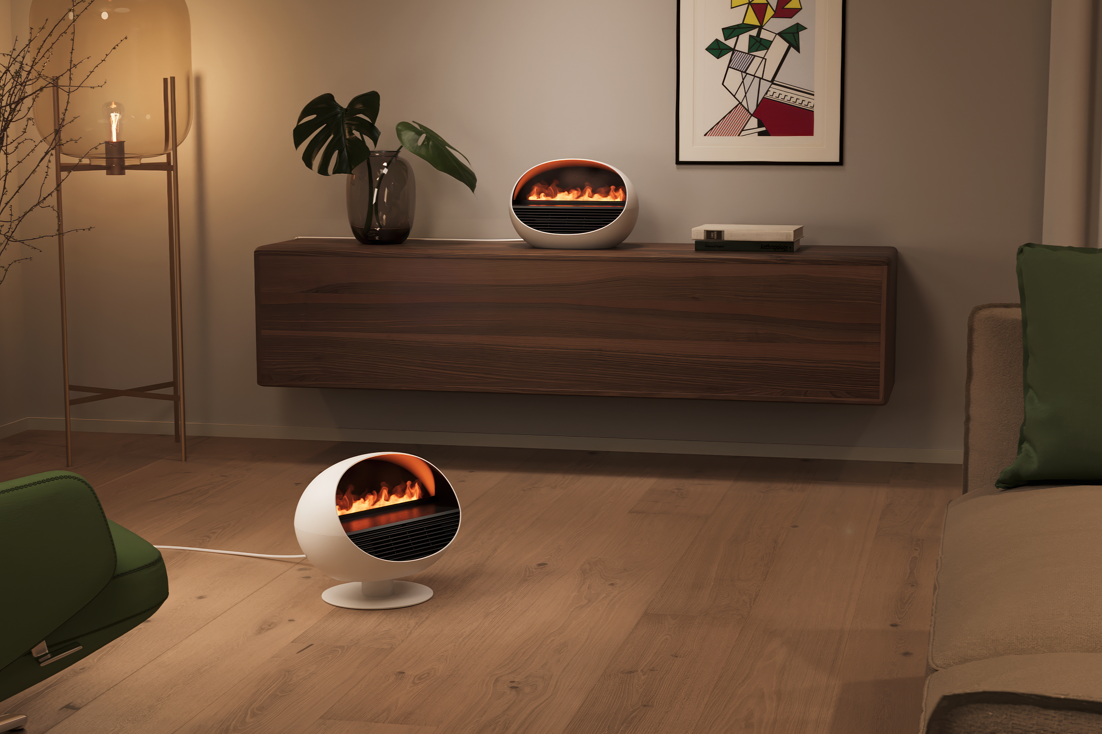 Ein modernes Wohnzimmer mit Kamin, Kunstwerken und Sofa. Boden und Möbel sind aus Holz.