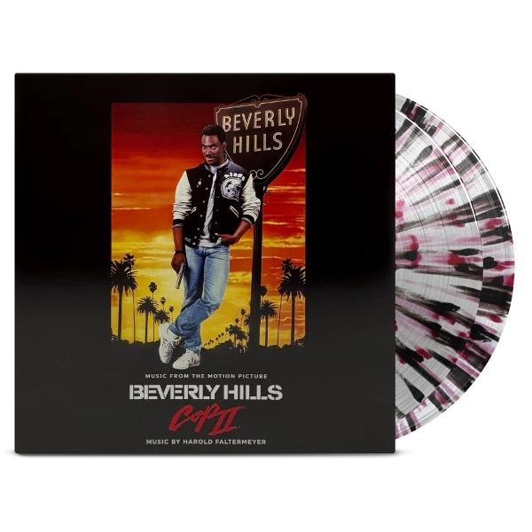 Beverly Hills Cop II album borító: férfi zakóban, pálmafák, naplemente és bakelit lemez.