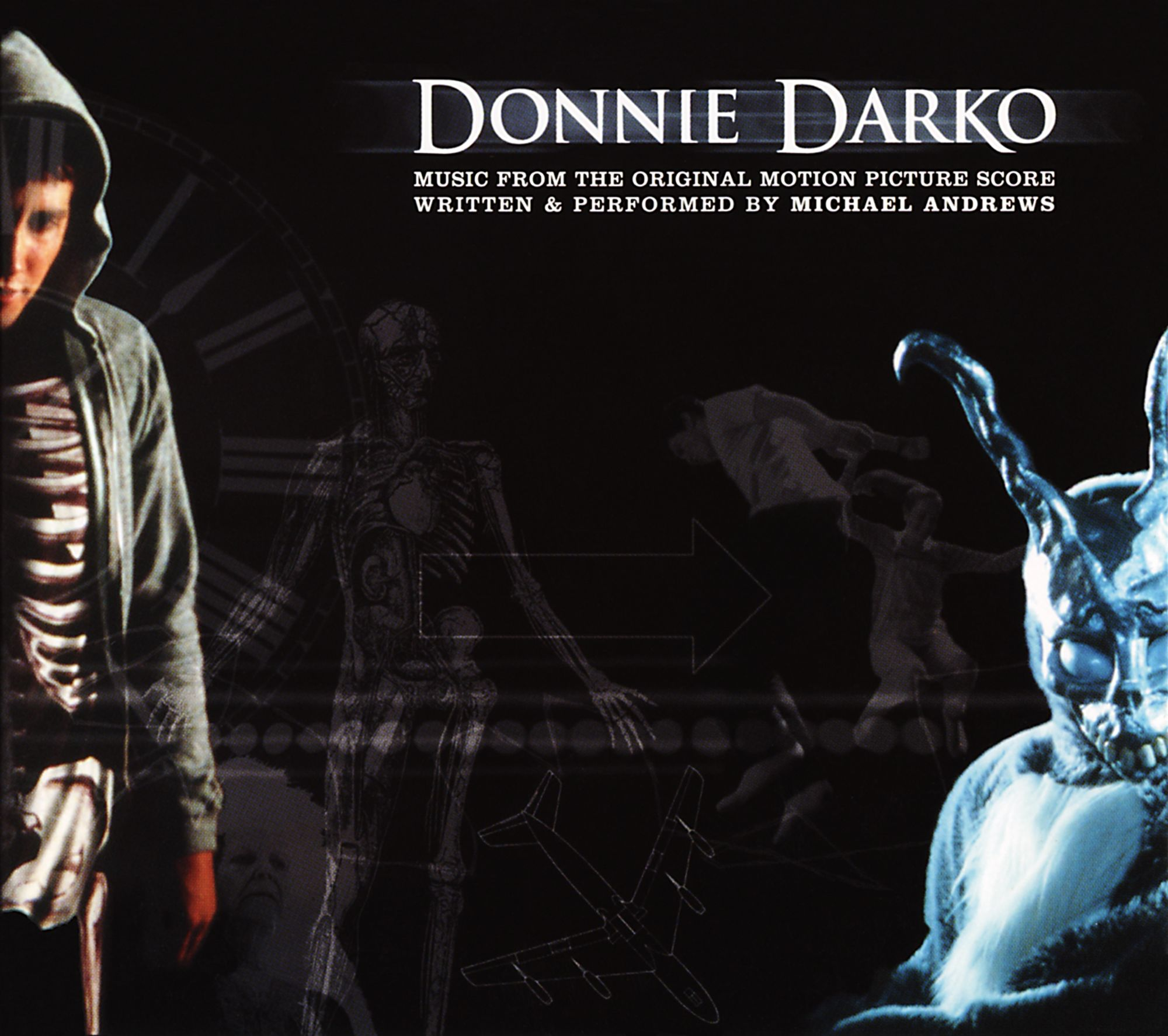 A Donnie Darko album borítója. Egy kapucnis pulcsis személyt, Franket, a nyulat és más hátborzongató képeket tartalmaz sötét háttérrel.