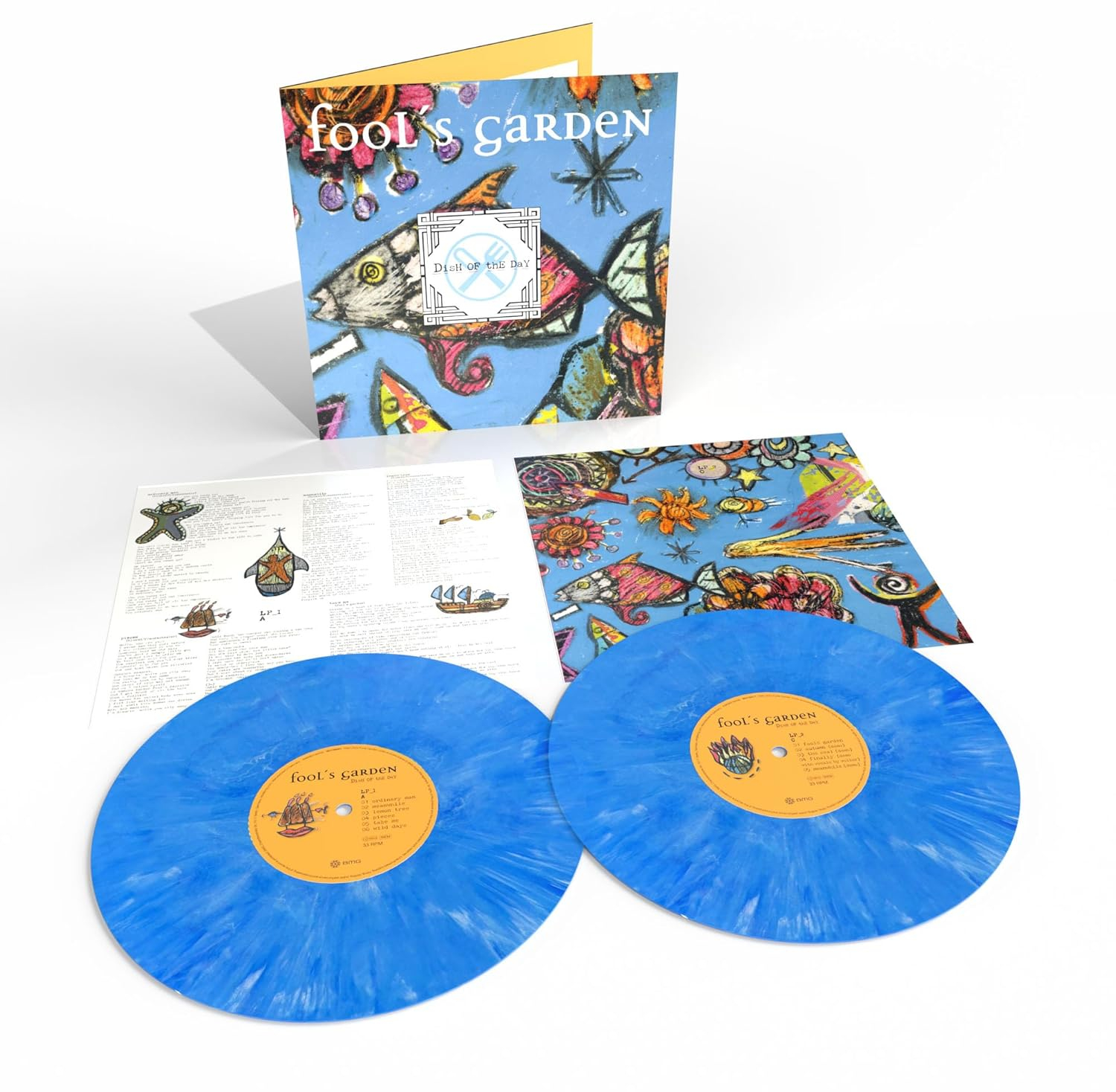 A Fool's Garden album borítója és két bakelit lemez. A borító kék, hal illusztrációval. A lemezek kékek, narancssárga címkékkel.