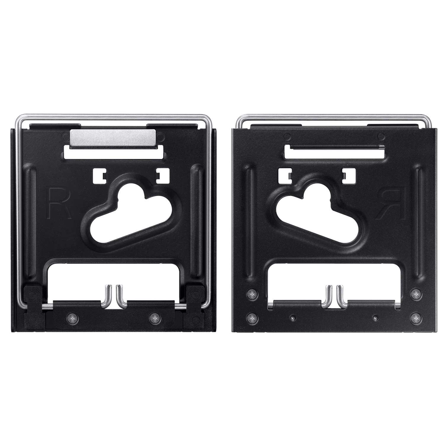 Twee zwarte metalen beugels met zilveren frames, één gemarkeerd met 'R', de andere met 'Я'. Beide hebben uitsparingen en schroefgaten.