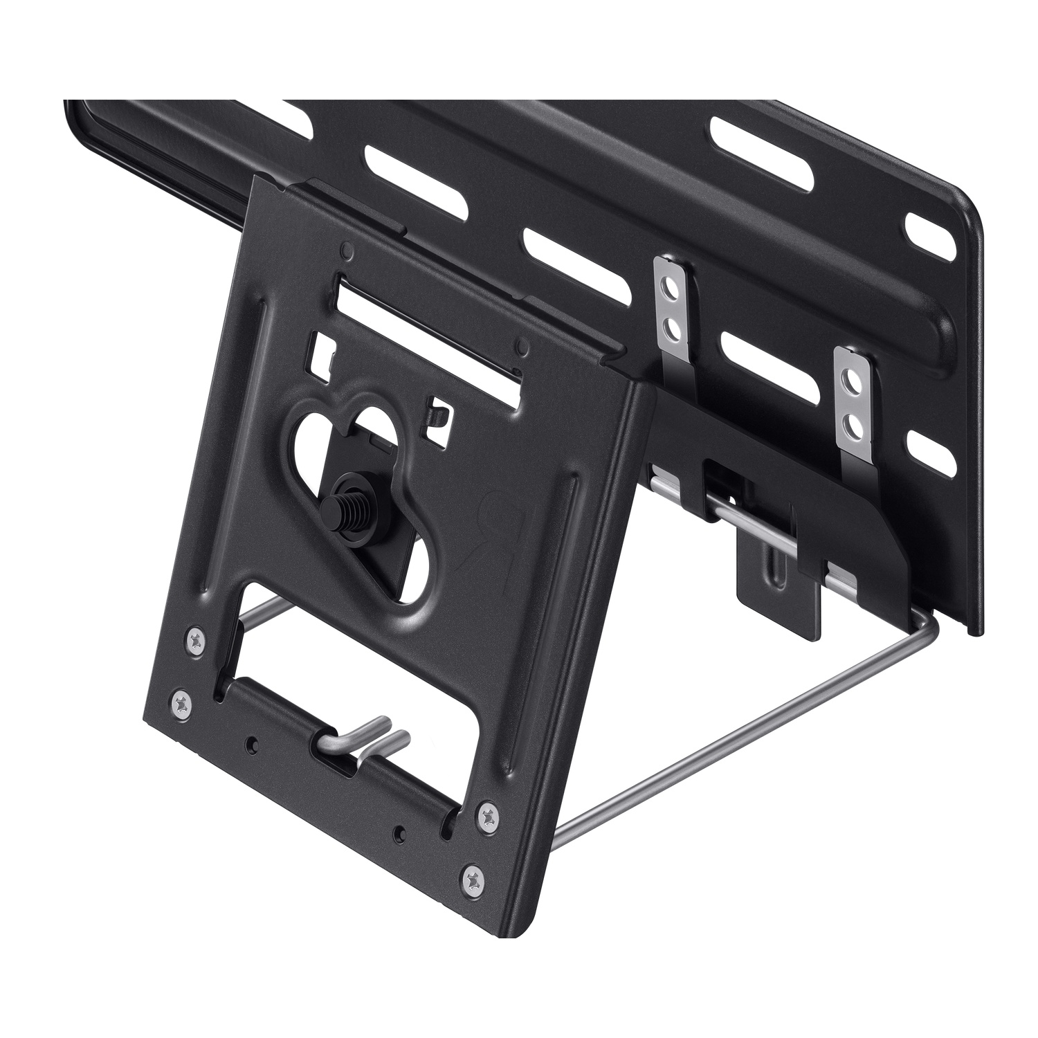 Een zwarte metalen tv-muurbeugel. Het heeft meerdere onderdelen, waaronder een plaat met gaten, een beugel en een zilveren metalen staaf.