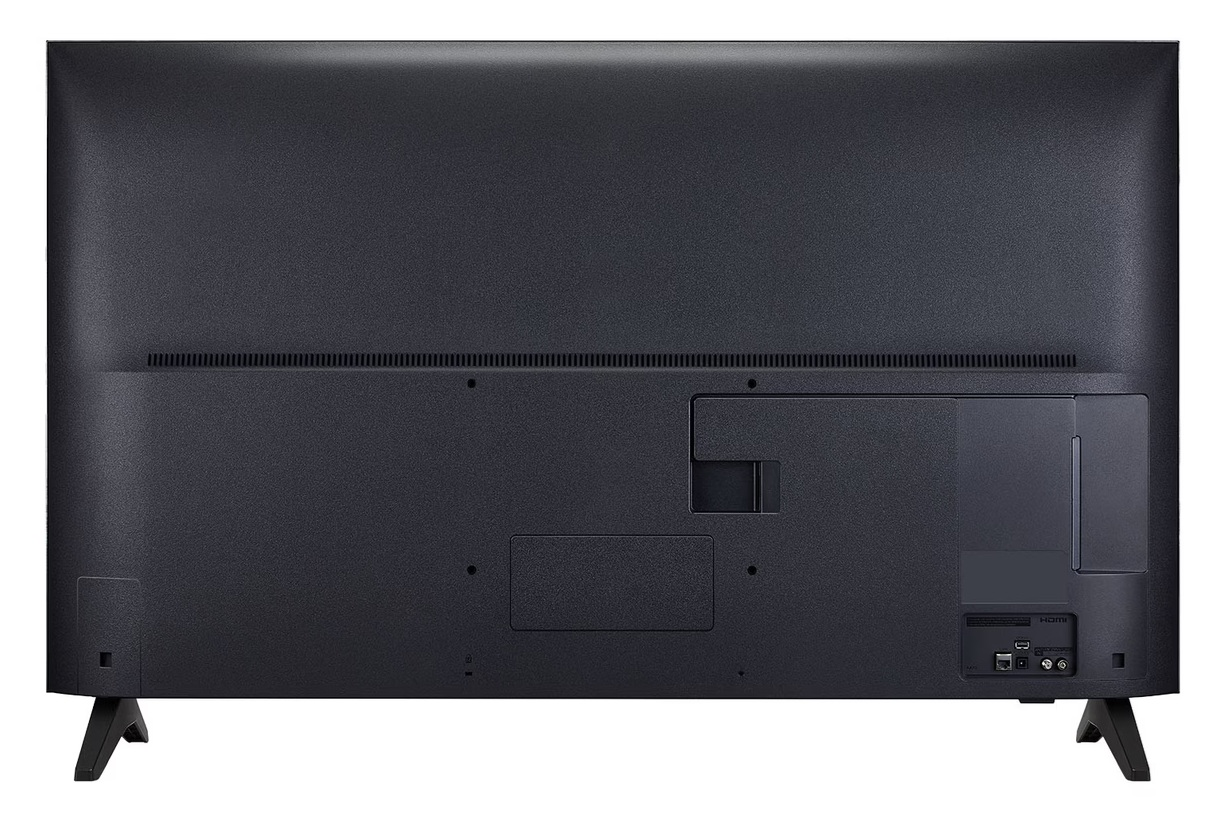 Tył czarnego telewizora. Ma otwory wentylacyjne, porty i dwie czarne nóżki. Powierzchnia jest lekko teksturowana.