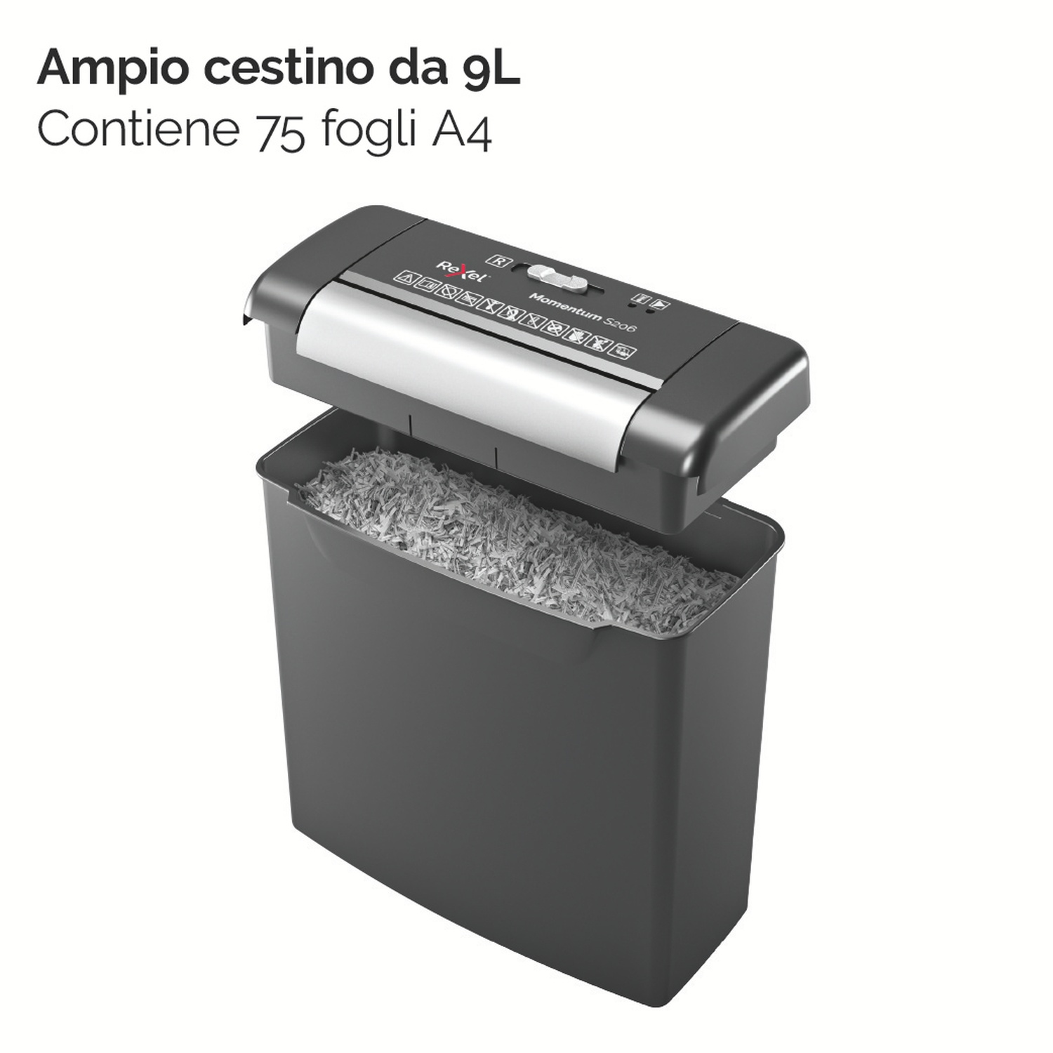 Un tritacarte nero con il suo contenitore aperto, pieno di carta tritata. Il tritacarte è su sfondo bianco.
