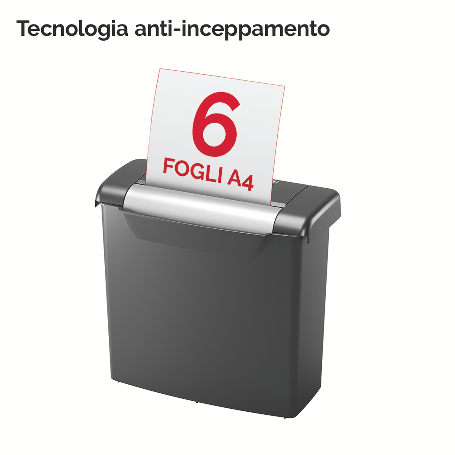 Un distruggidocumenti nero con un foglio con il numero 6. Il testo dice "FOGLI A4".