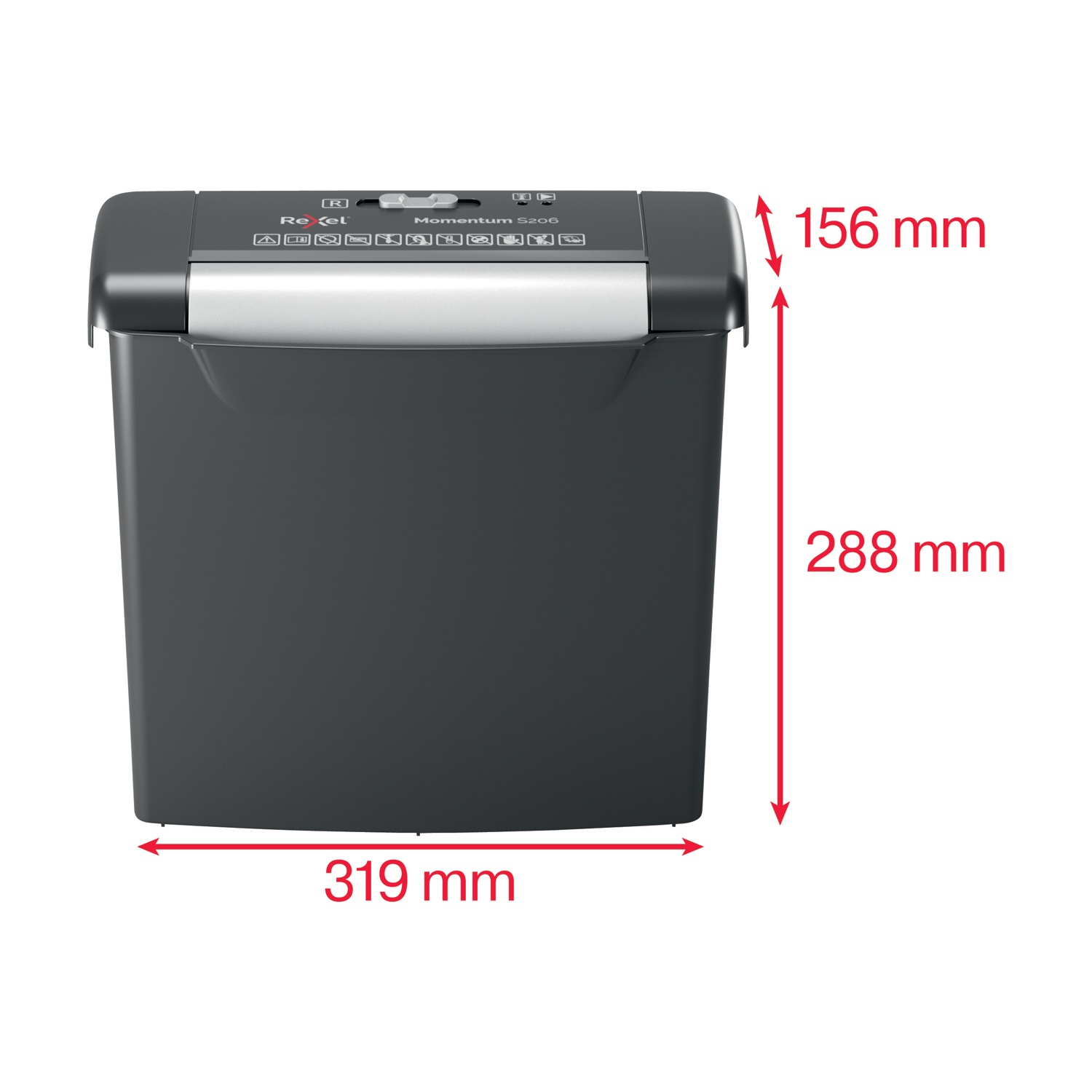 Un tritadocumenti nero Rexel Momentum S206. Dimensioni: 319 mm di larghezza, 288 mm di altezza e 156 mm di profondità. Maniglia argento.