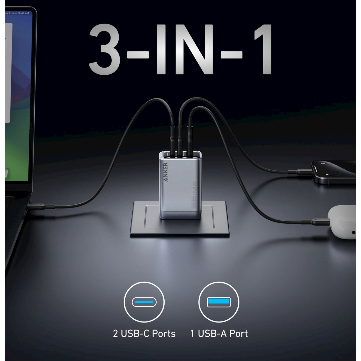 Un caricabatterie 3 in 1 con laptop, telefono e auricolari collegati. Il caricabatterie ha 2 porte USB-C e 1 USB-A.