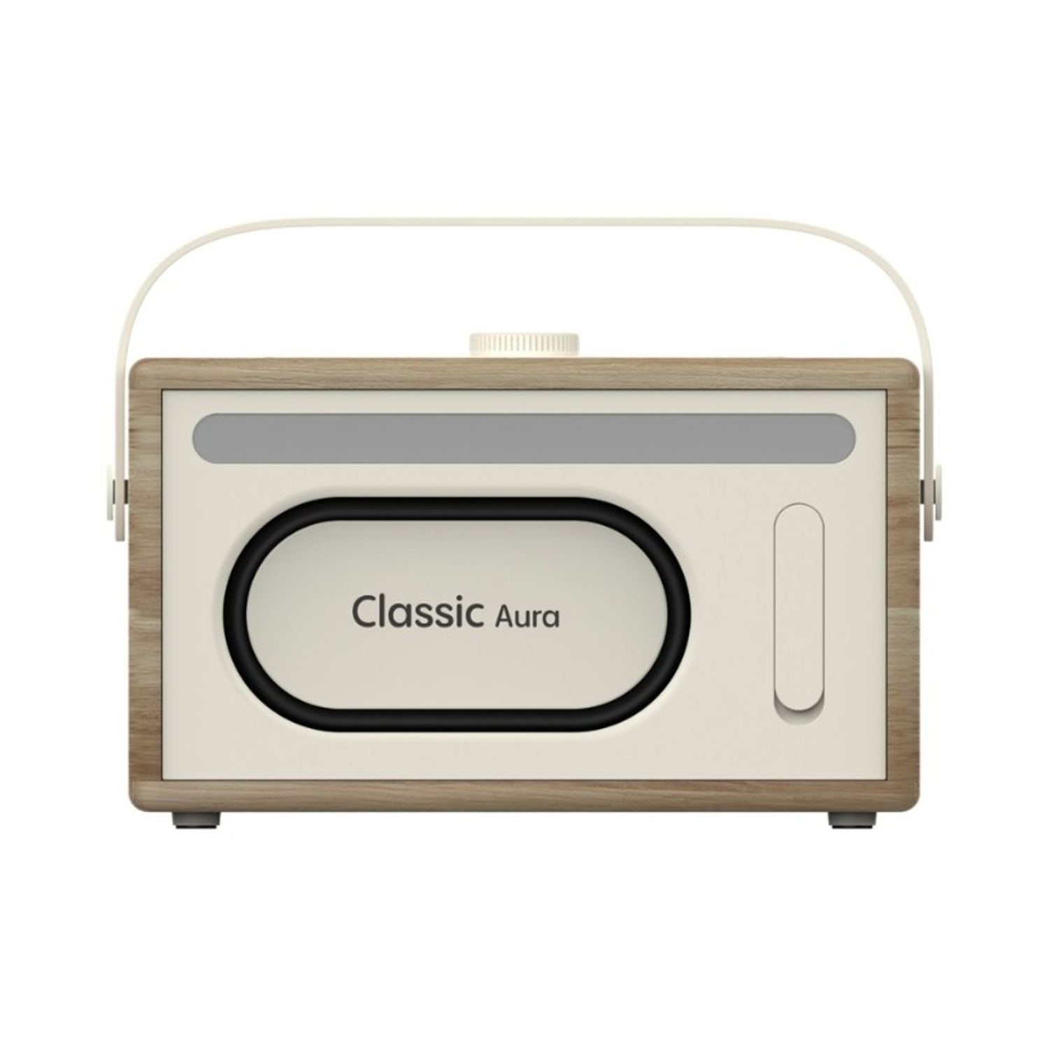 Una radio in legno con frontale color crema. Ha una maniglia, un altoparlante e la scritta 'Classic Aura'.