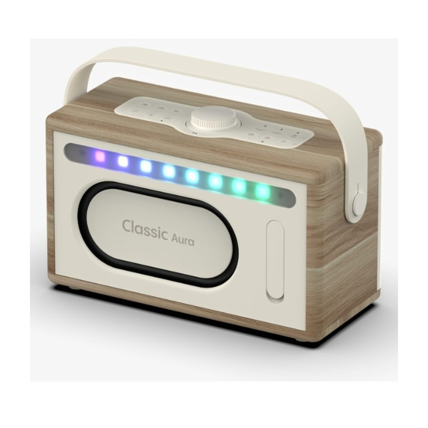 Un altoparlante in legno con manico e frontale bianchi. Il frontale presenta un altoparlante ovale, il testo 'Classic Aura' e una fila di luci colorate.