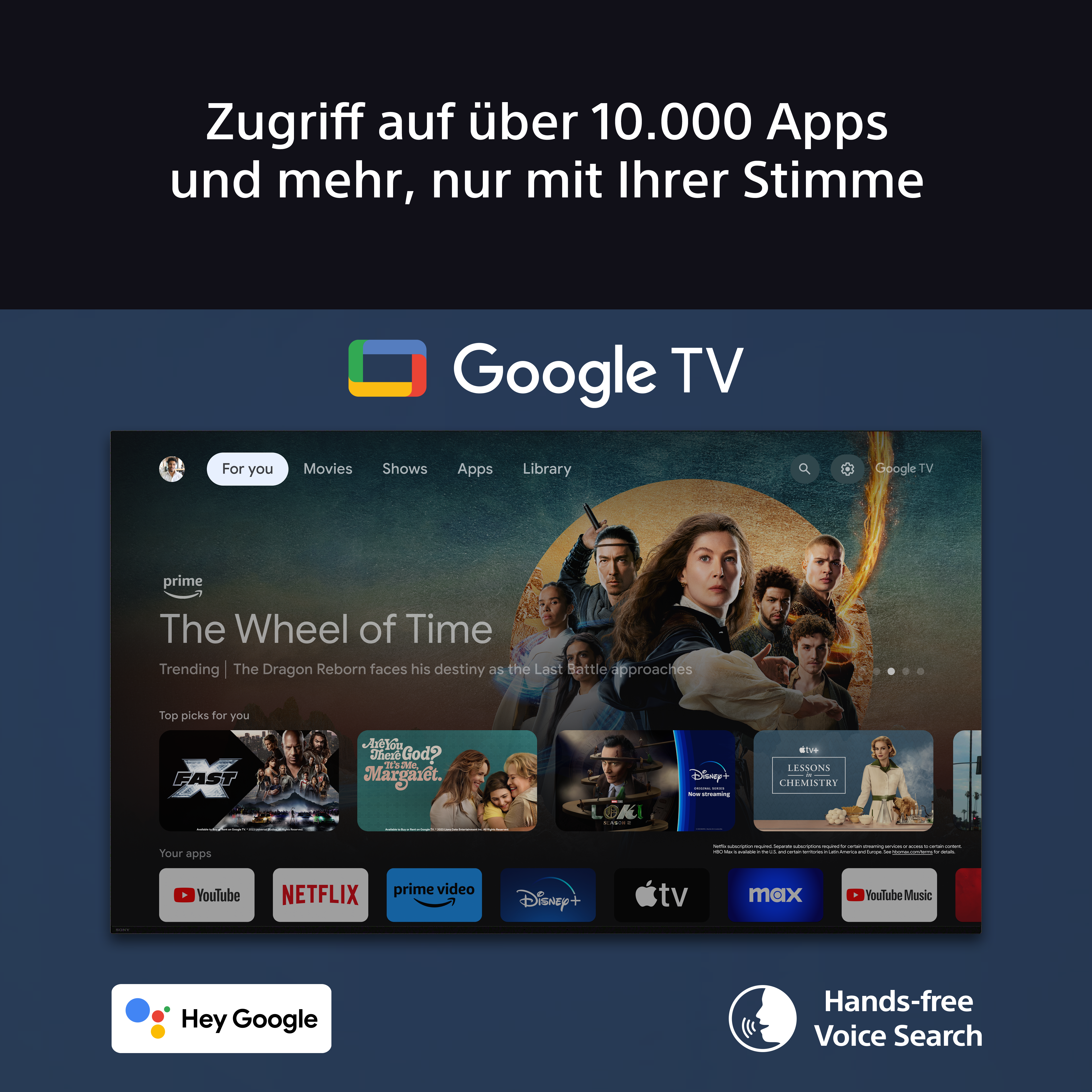 Interface Google TV avec suggestions de films. Inclut logos d'applications et icônes de recherche vocale.