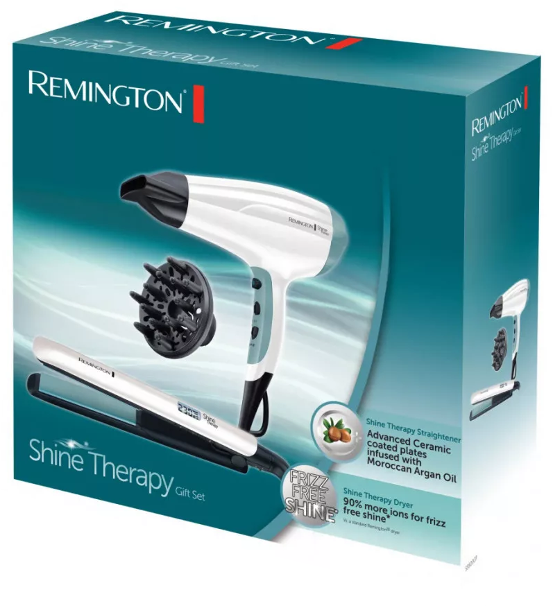 Dobozos Remington Shine Therapy ajándékkészlet. Tartalmaz egy fehér hajszárítót, fekete diffúzort, hajvasalót, és a termék részleteit.