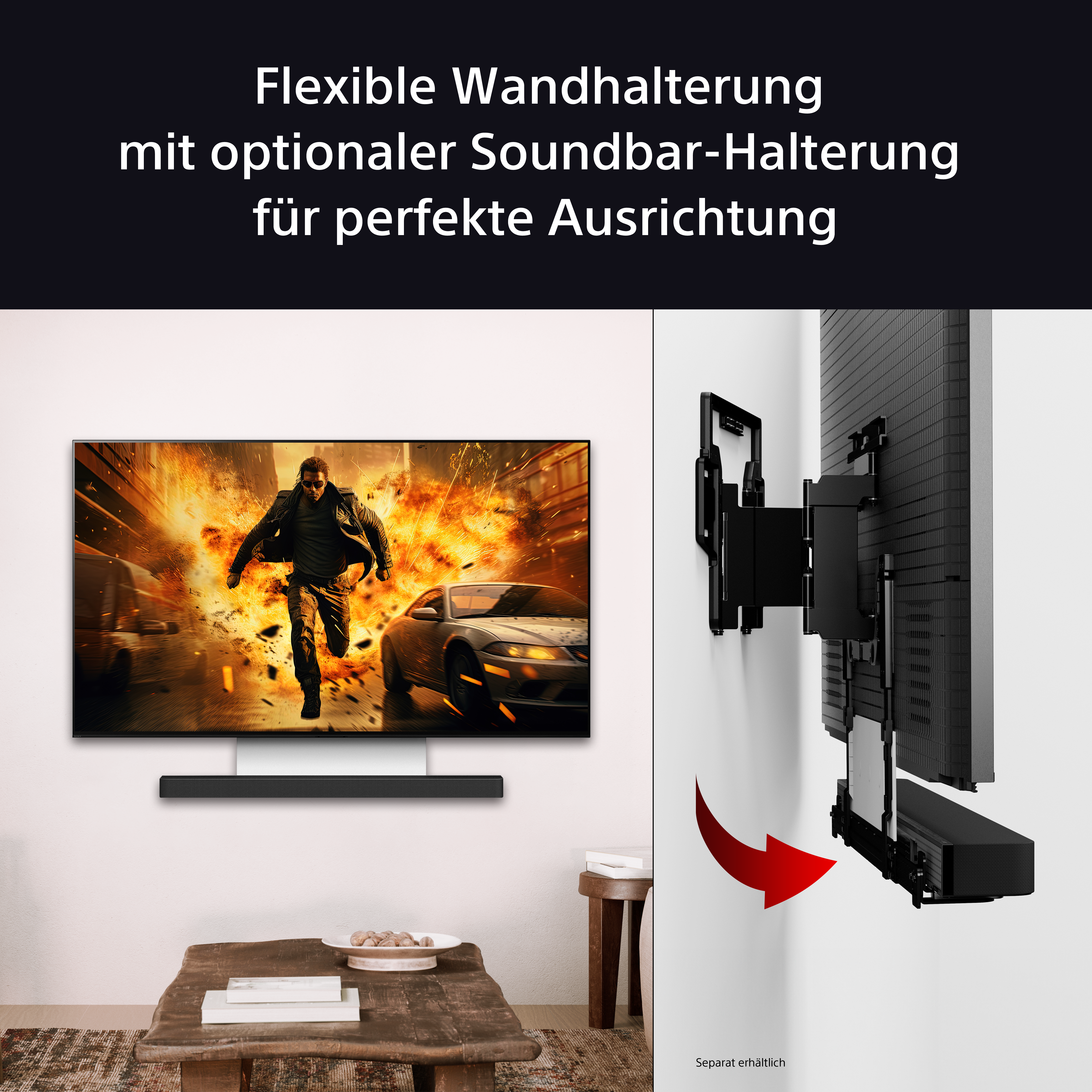 Fernseher an der Wand mit Soundbar, Actionfilm auf dem Bildschirm, Wandhalterung, roter Pfeil, Holztisch, kleiner Tisch.
