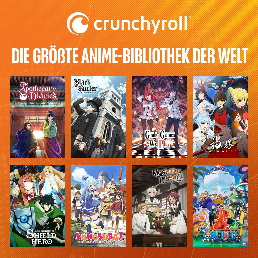 Bannière Crunchyroll avec des affiches d'anime. Les titres incluent Apothecary Diaries, Black Butler, Gods Games We Play, Tower of God et autres.