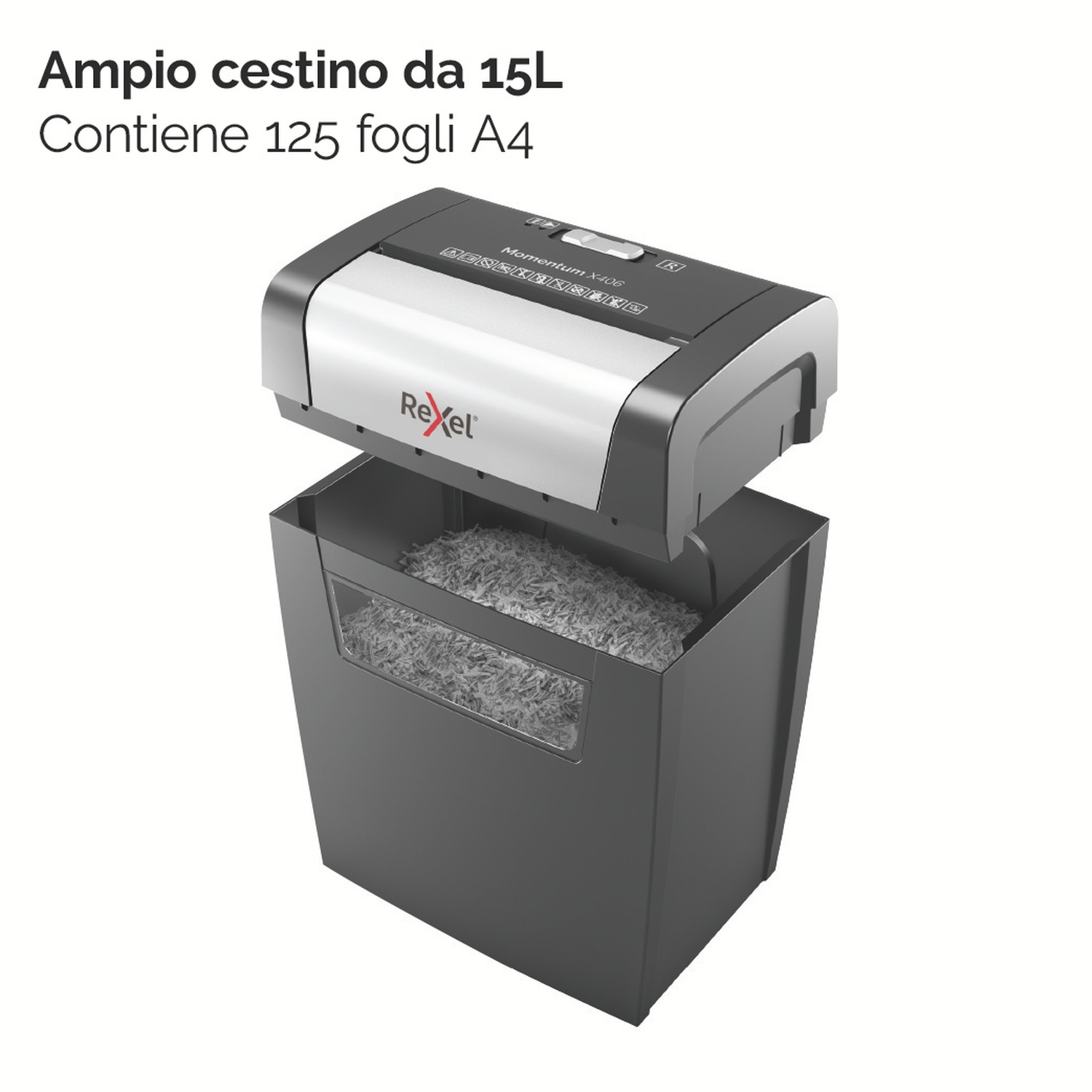 Un distruggidocumenti nero e argento con un cestino pieno. Il distruggidocumenti è etichettato 'Rexel Momentum X406'.