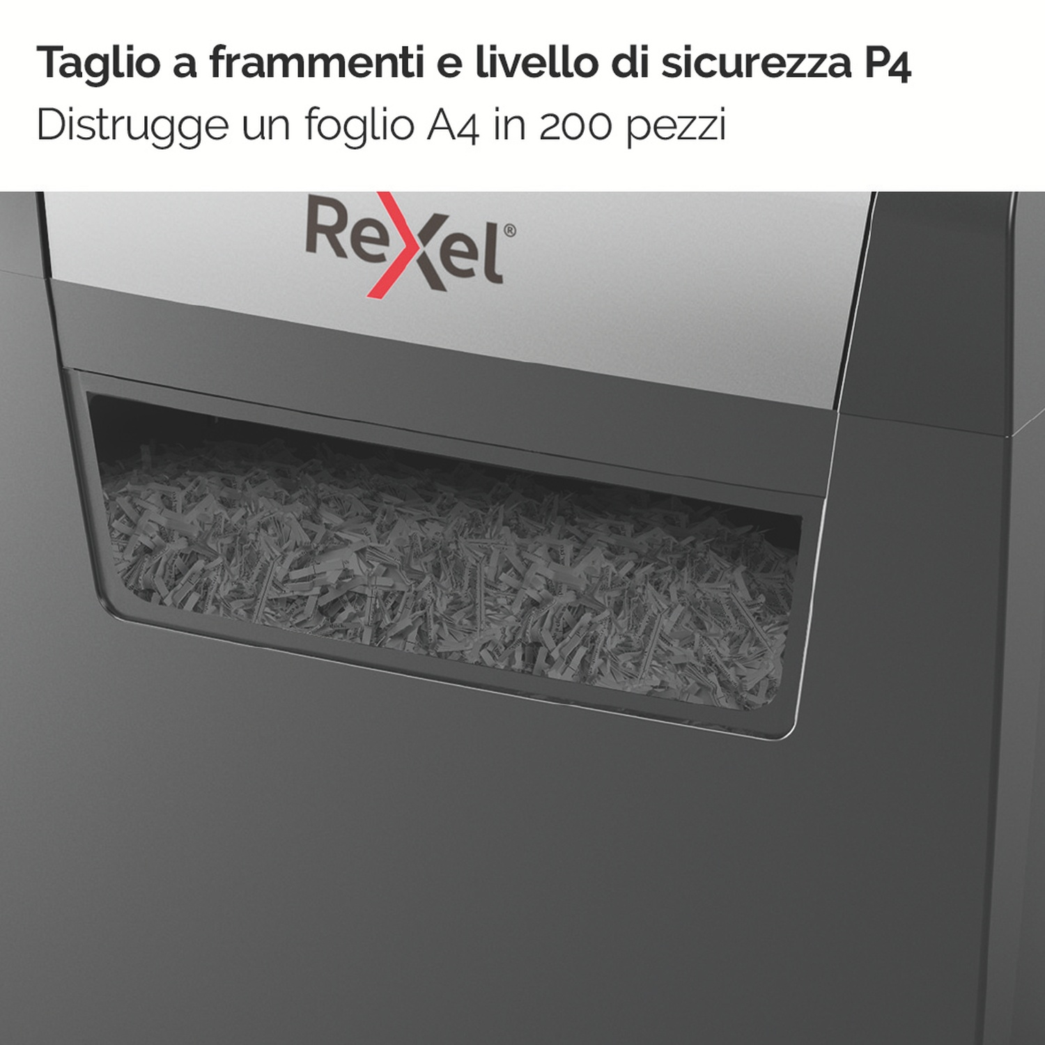 Un distruggidocumenti con il logo Rexel. Carta sminuzzata visibile nel contenitore. Testo: Distrugge un foglio A4 in 200 pezzi.