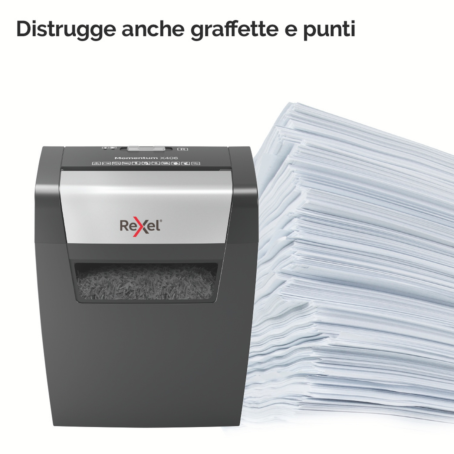 Un tritacarta con una pila di carta a destra. Il tritacarta è nero e argento, marchio Rexel. Testo italiano in alto.