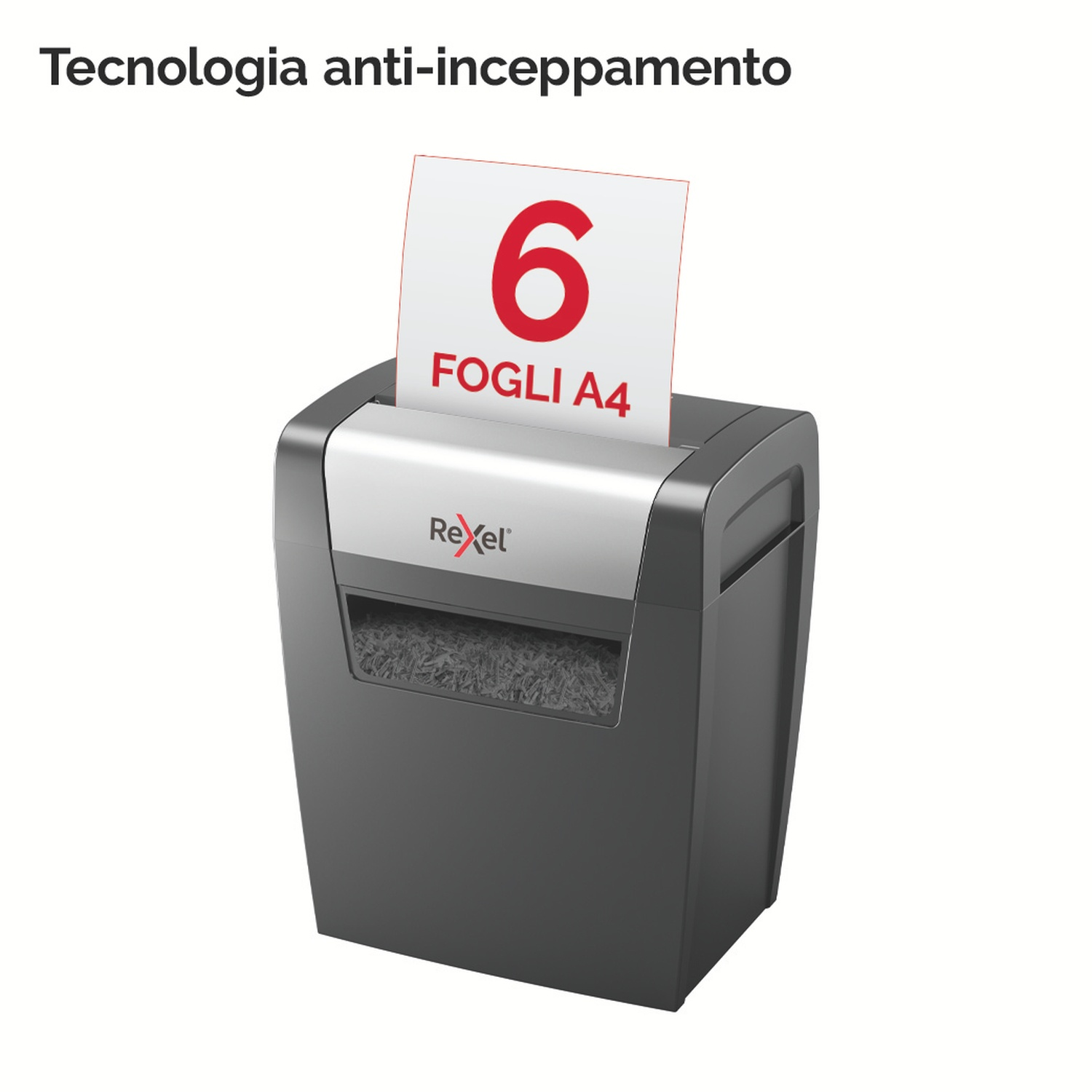 Un distruggidocumenti con un foglio che mostra il numero 6 e il testo 'FOGLI A4'. All'interno è visibile la carta sminuzzata.
