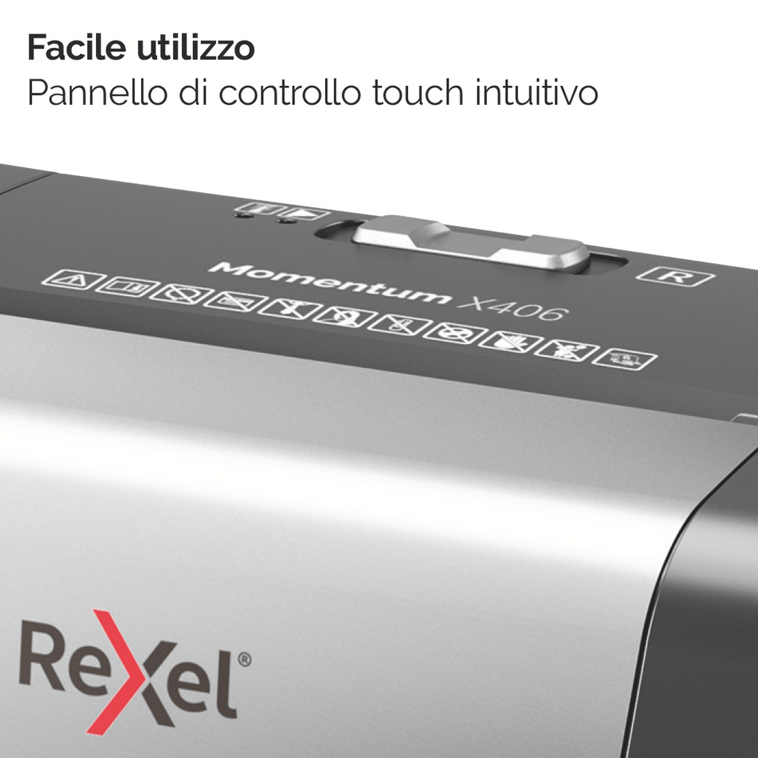 Primo piano di un distruggidocumenti Rexel. La parte superiore ha pulsanti di controllo e il nome Momentum X406. La base è argentata con il logo Rexel.