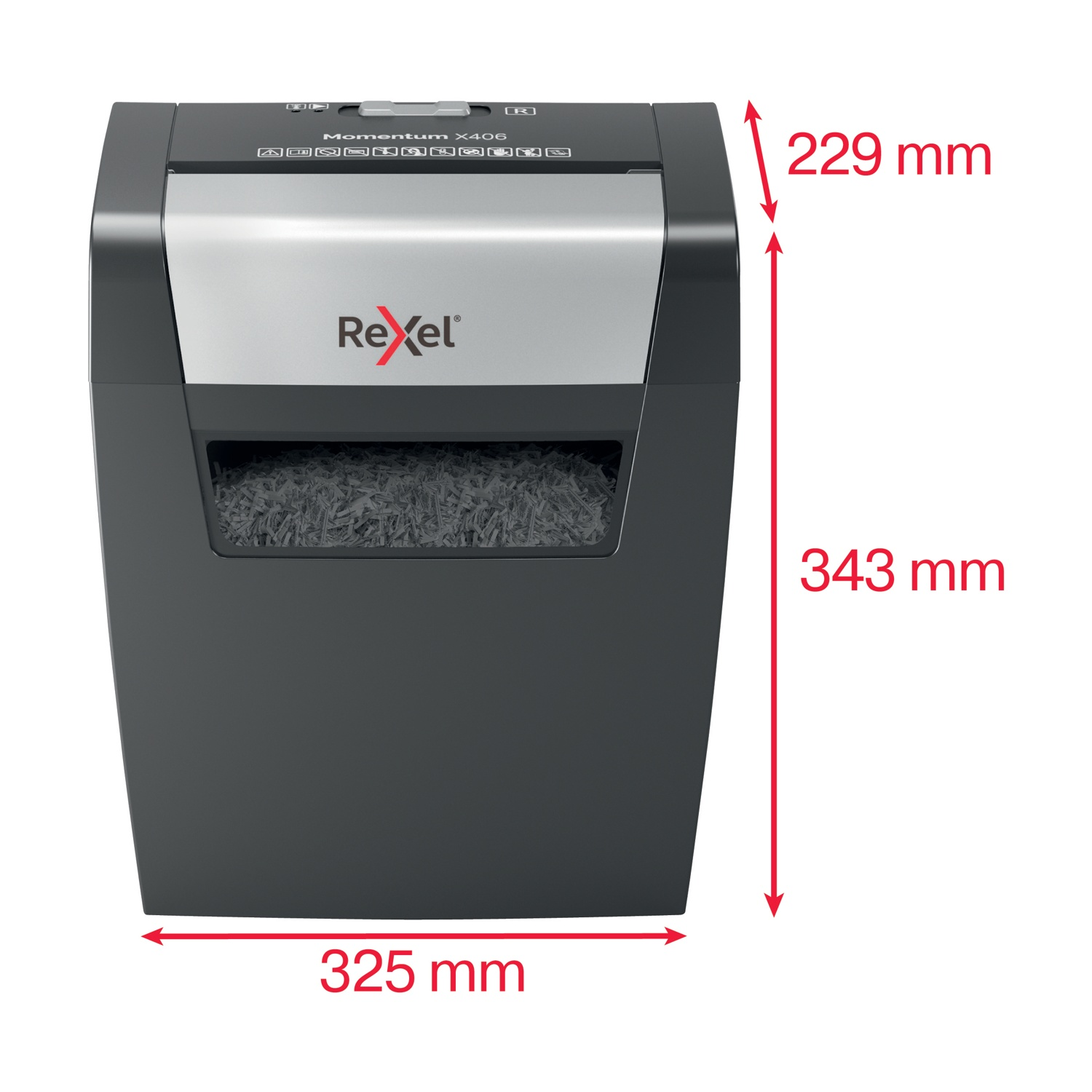 Un distruggidocumenti Rexel Momentum X406 nero e argento con dimensioni: 325 mm di larghezza, 343 mm di altezza e 229 mm di profondità.