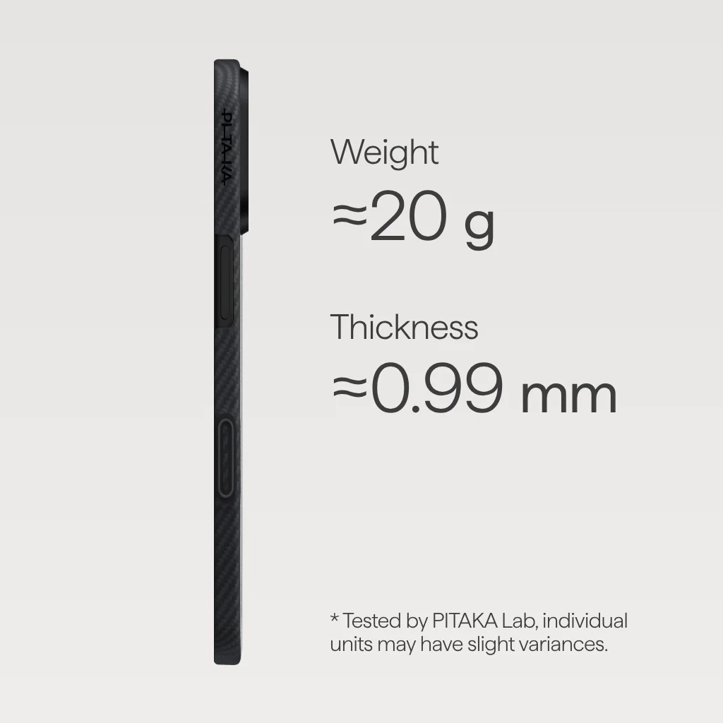 Egy fekete PITAKA márkájú telefontok látható. A súlya körülbelül 20g, a vastagsága pedig 0,99mm.