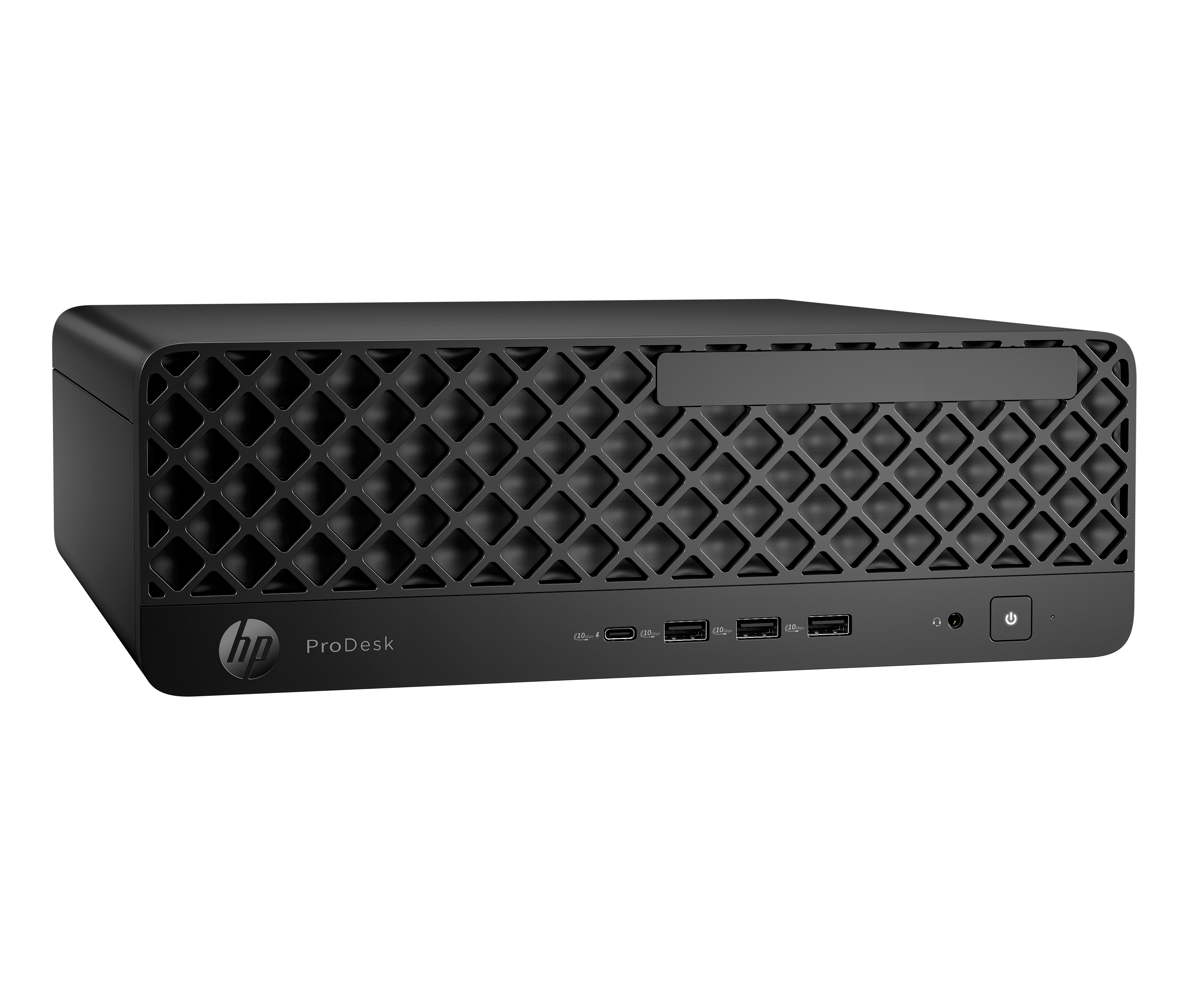 Ein schwarzer HP ProDesk-Computer auf schwarzem Hintergrund. Es hat eine gitterartige Frontplatte und verschiedene Anschlüsse.