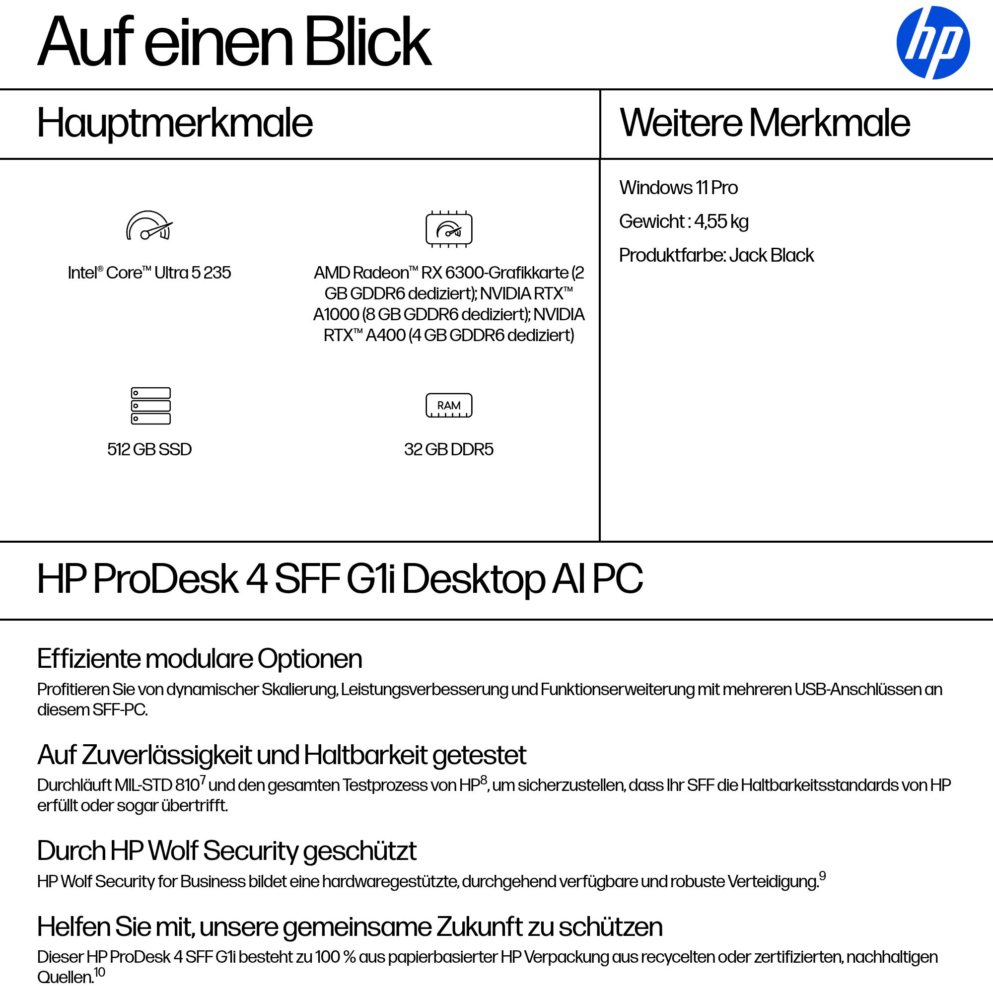 HP ProDesk 4 SFF G1i PC Details: Merkmale, Windows 11 Pro, 4,55 kg Gewicht, schwarz. Prozessor und RAM.