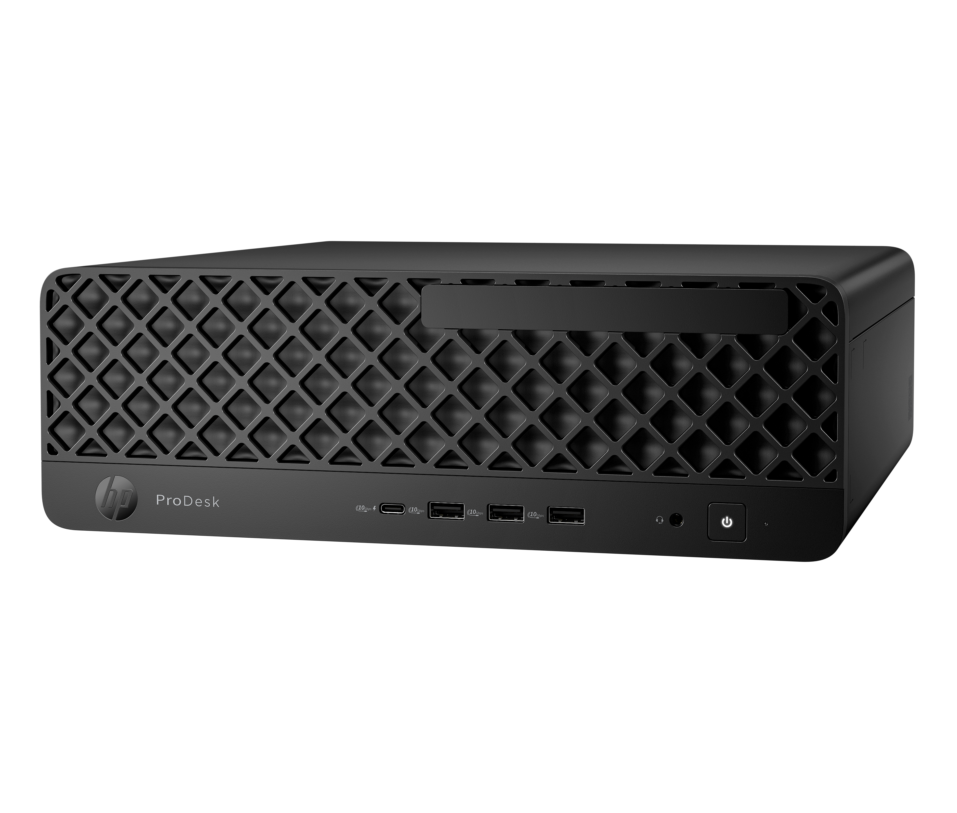 Schwarzer HP ProDesk Desktop-Computer. Es hat ein Diamantmuster auf der Vorderseite. Anschlüsse, Ein-/Aus-Taste und HP-Logo sind sichtbar.