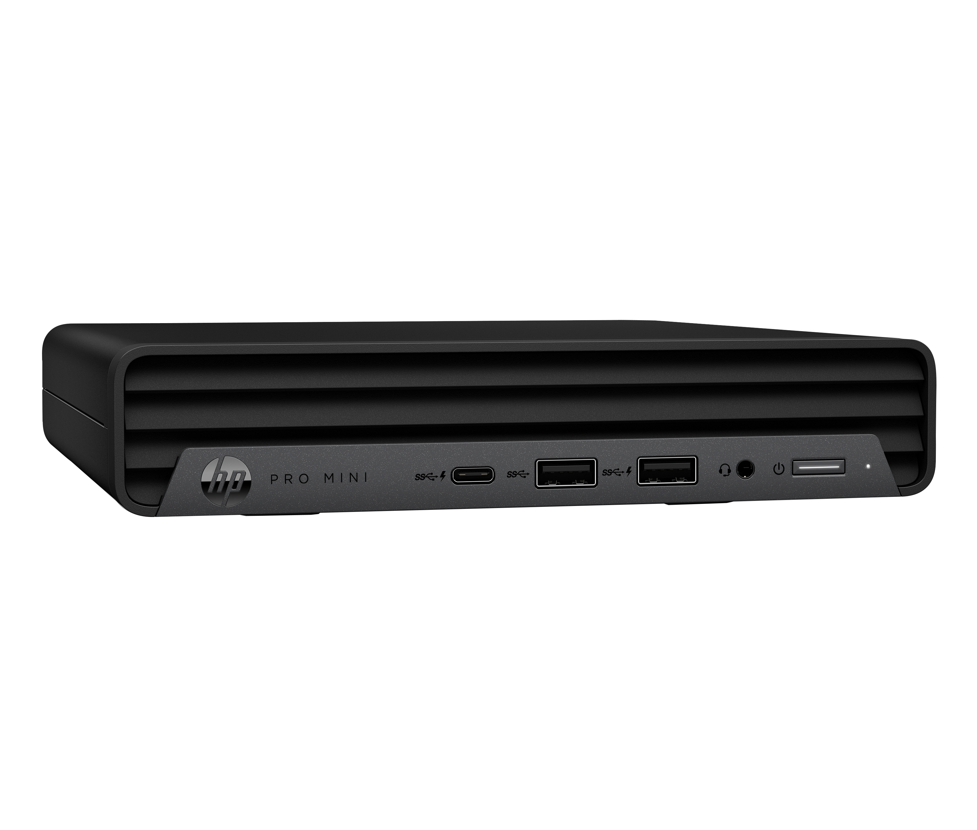Ein schwarzer HP Pro Mini Desktop-Computer. Er hat Anschlüsse vorne, und das HP-Logo ist vorne sichtbar.