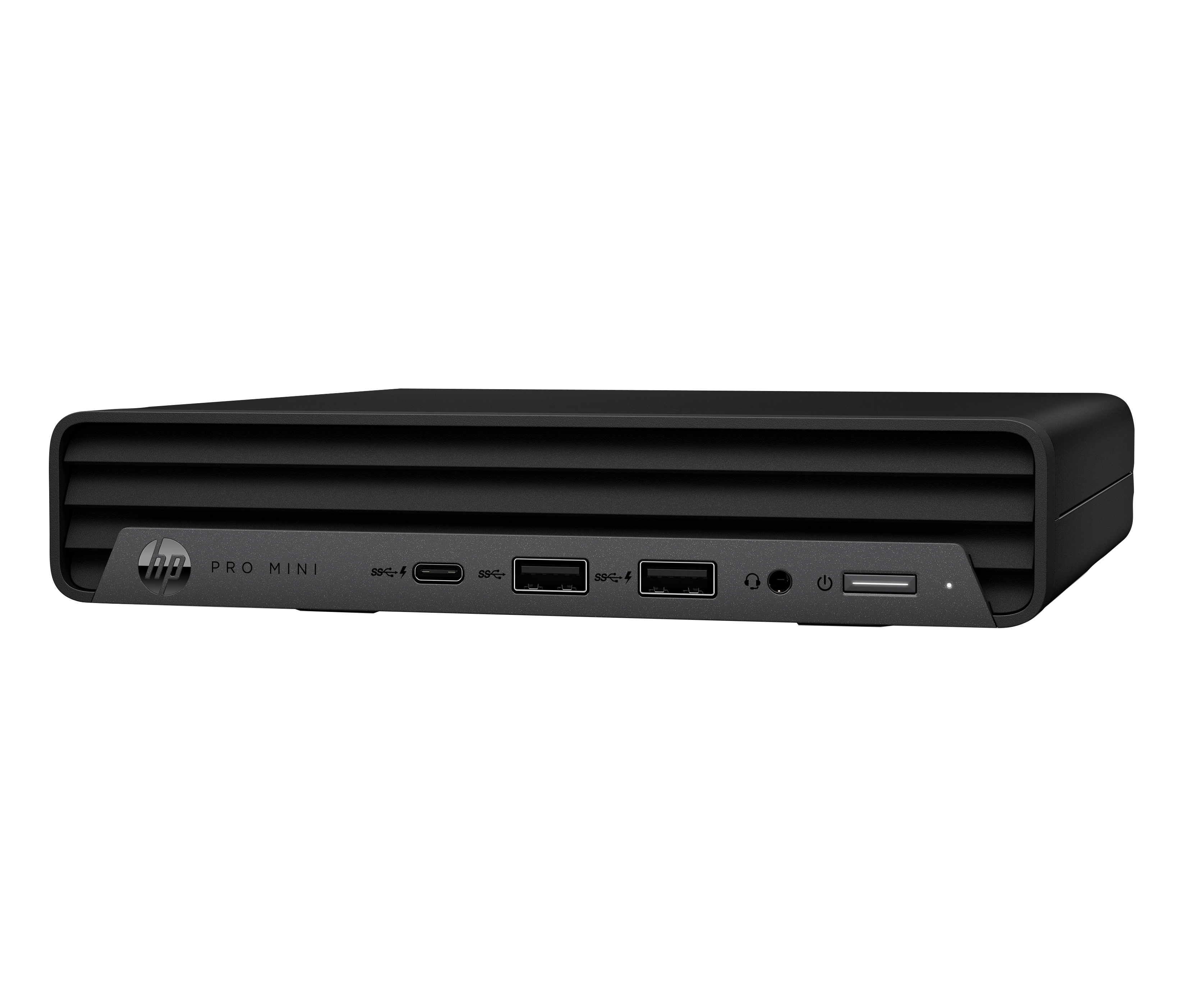 Ein schwarzer HP Pro Mini-Computer. Er hat mehrere Anschlüsse, darunter USB, und einen Einschaltknopf. Der Hintergrund ist schwarz.