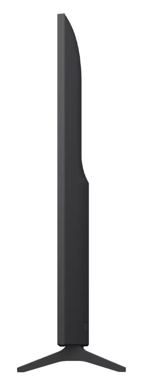 Widok z boku ciemnoszarego telewizora z płaskim ekranem. Ma cienką ramkę i podstawę z dwoma nogami.