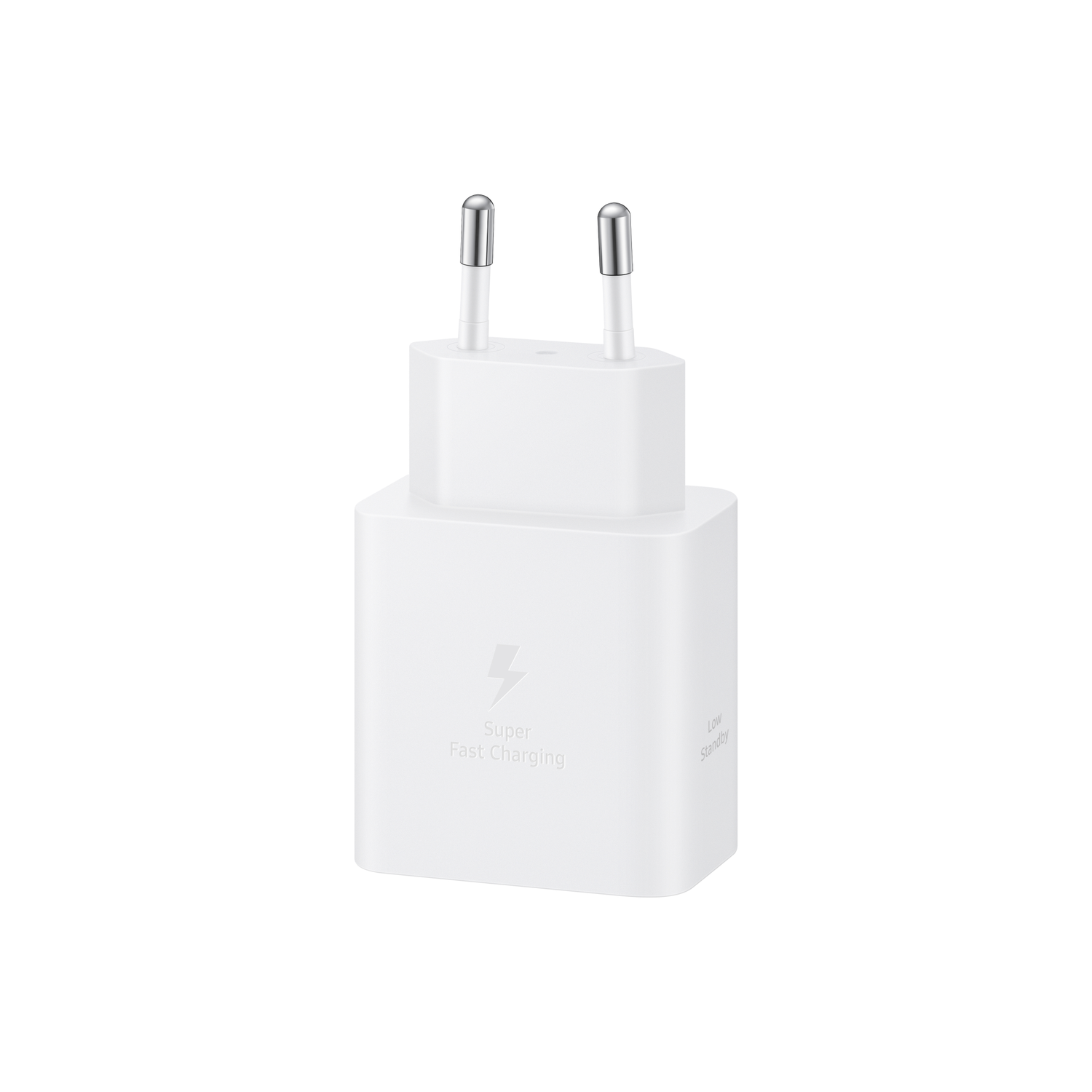 A white Samsung Super Fast Charging adapter with two silver prongs and a lightning bolt symbol. It is on a white background.