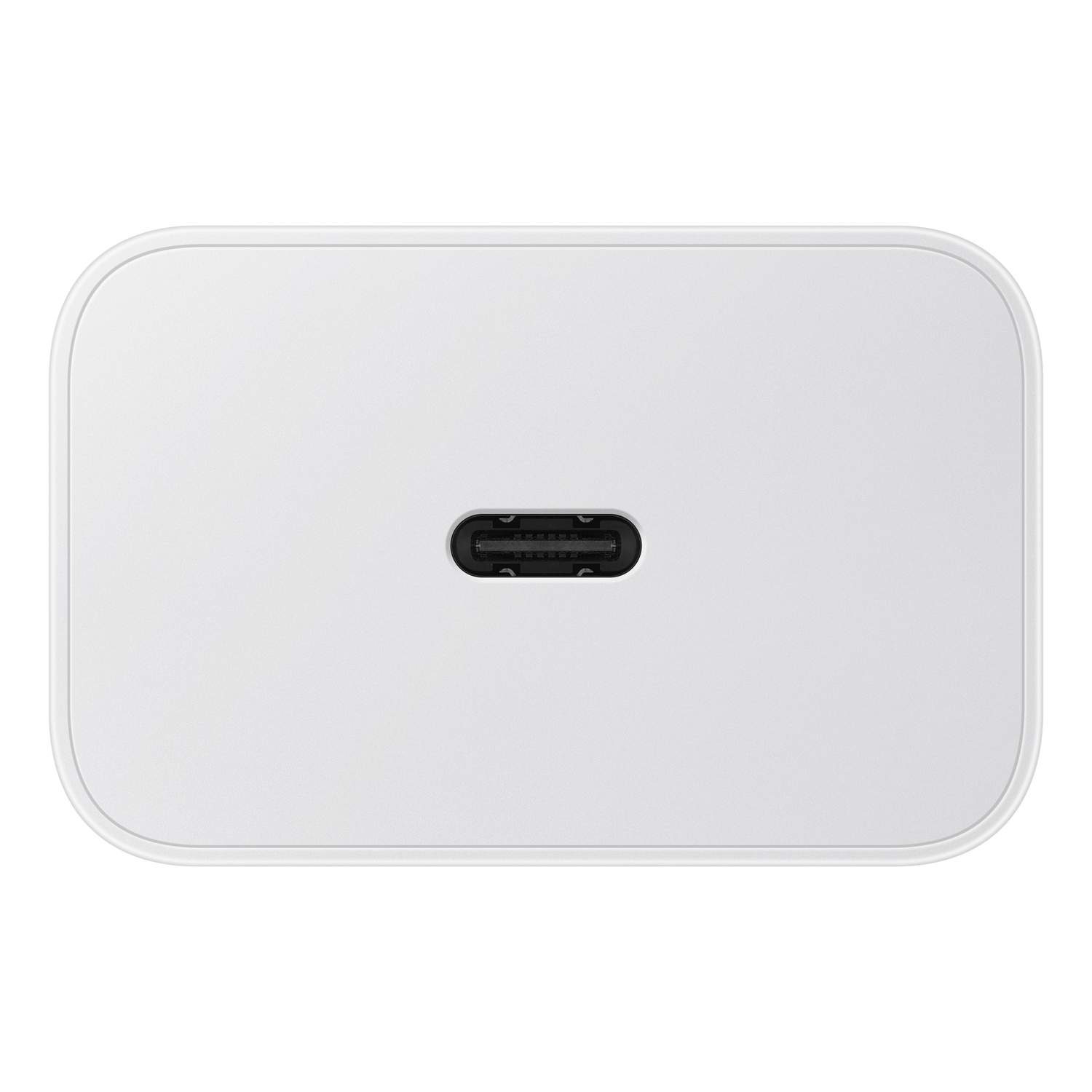 A white, rectangular charger with rounded edges. A black USB-C port is centered on the front. The background is white.
