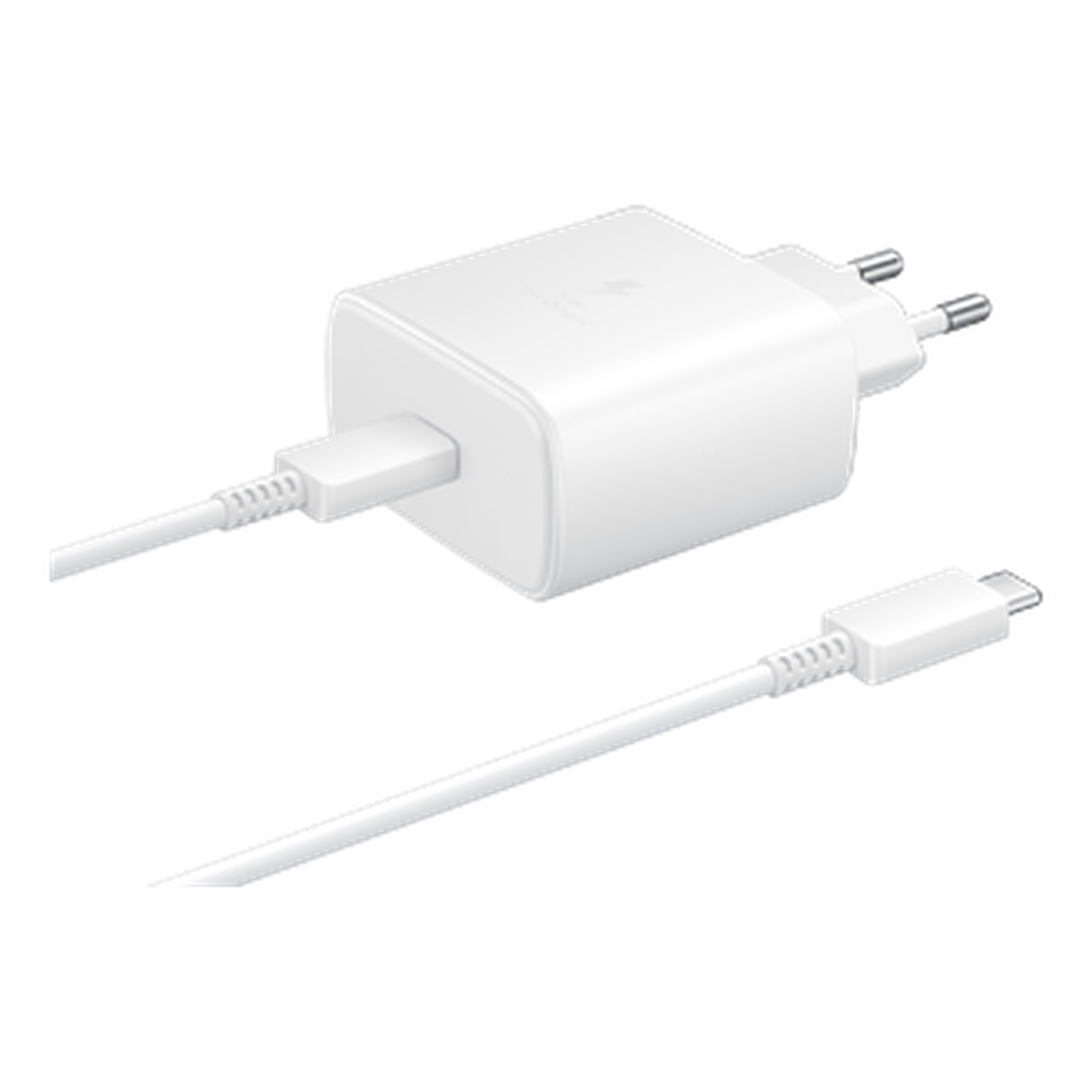 A white Samsung phone charger with a USB-C cable, and a plug for European outlets, against a black background.