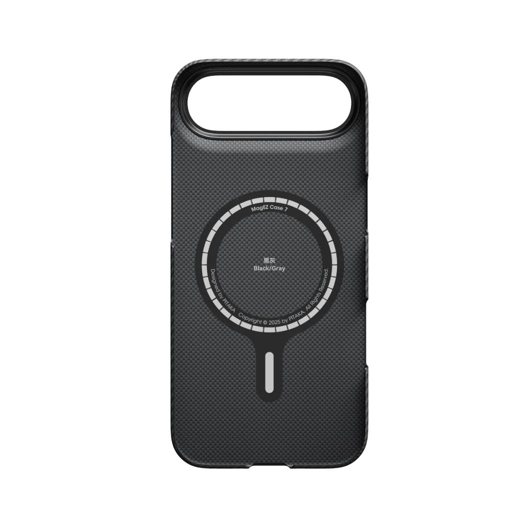 Fekete/szürke telefontok, kör alakú dizájnnal. Rajta a 'MagEZ Case 7' és a 'Black/Gray' felirat.