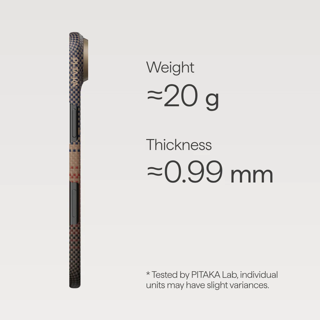 Egy telefontok szőtt mintával, súly- és vastagsági adatokkal. A súlya kb. 20g, a vastagsága kb. 0,99mm.