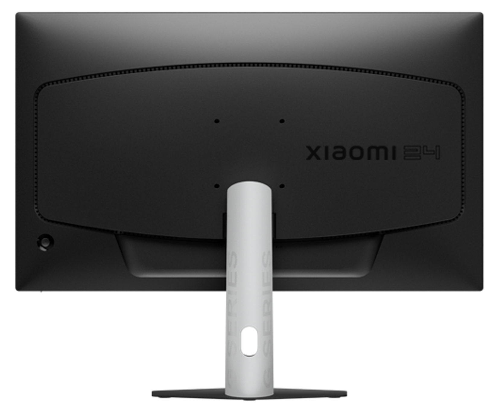 Egy fekete Xiaomi 24 hüvelykes monitor hátulja fehér állvánnyal. Az állványon lyuk van, és a 'SERIES' szó látható.
