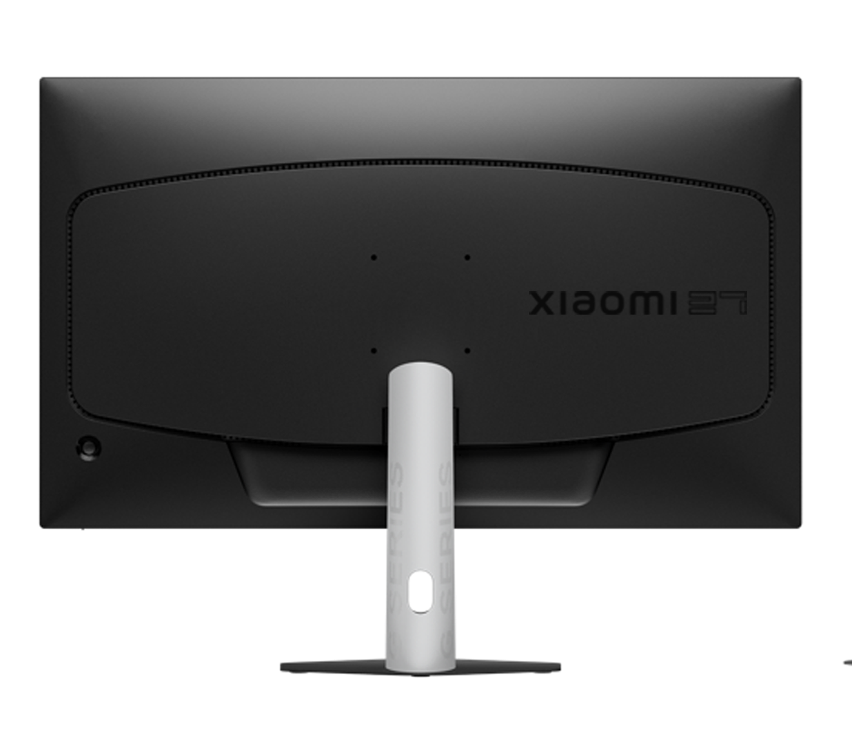 Egy fekete Xiaomi monitor hátulról. A tartó fehér, a márkanév látható. A monitor karcsú, modern dizájnnal rendelkezik.
