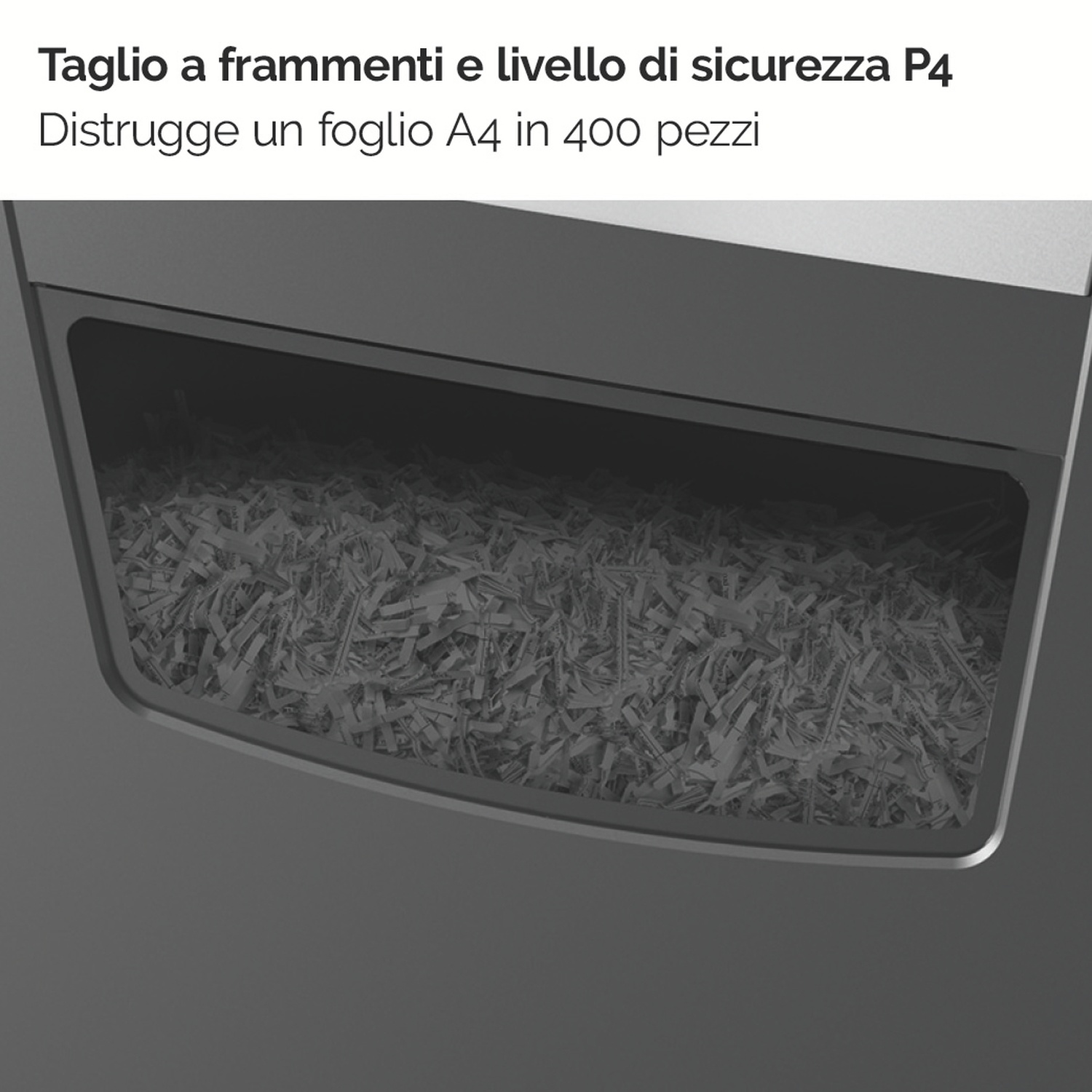 Un distruggidocumenti con carta sminuzzata visibile. Il testo dice: 'Taglio a frammenti e livello di sicurezza P4'.