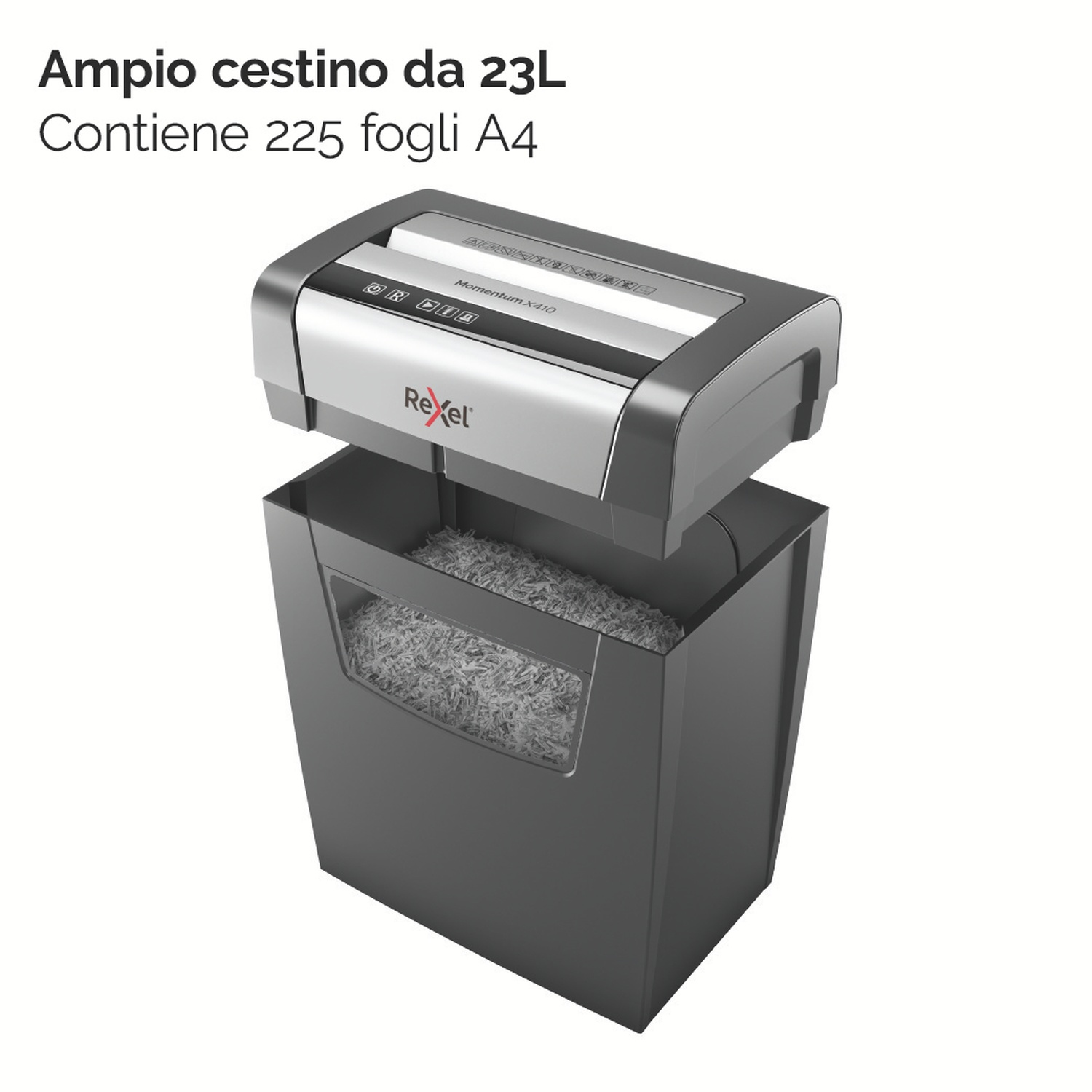 Un distruggi documenti aperto rivela carta sminuzzata. Il distruggi documenti è nero e argento. Testo: 225 fogli A4.