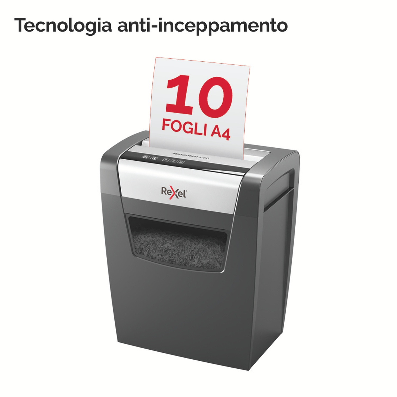 Un tritacarte con un foglio bianco con scritto '10 FOGLI A4'. Il tritacarte è nero e grigio, con il logo Rexel.