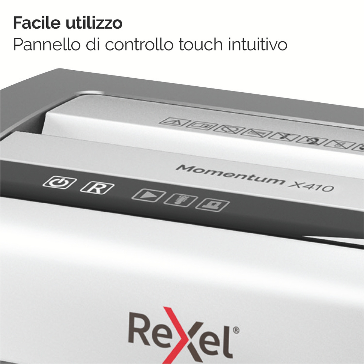 Primo piano del pannello di controllo di un tritacarte. Ha pulsanti e un display, con il marchio 'Rexel' in basso.
