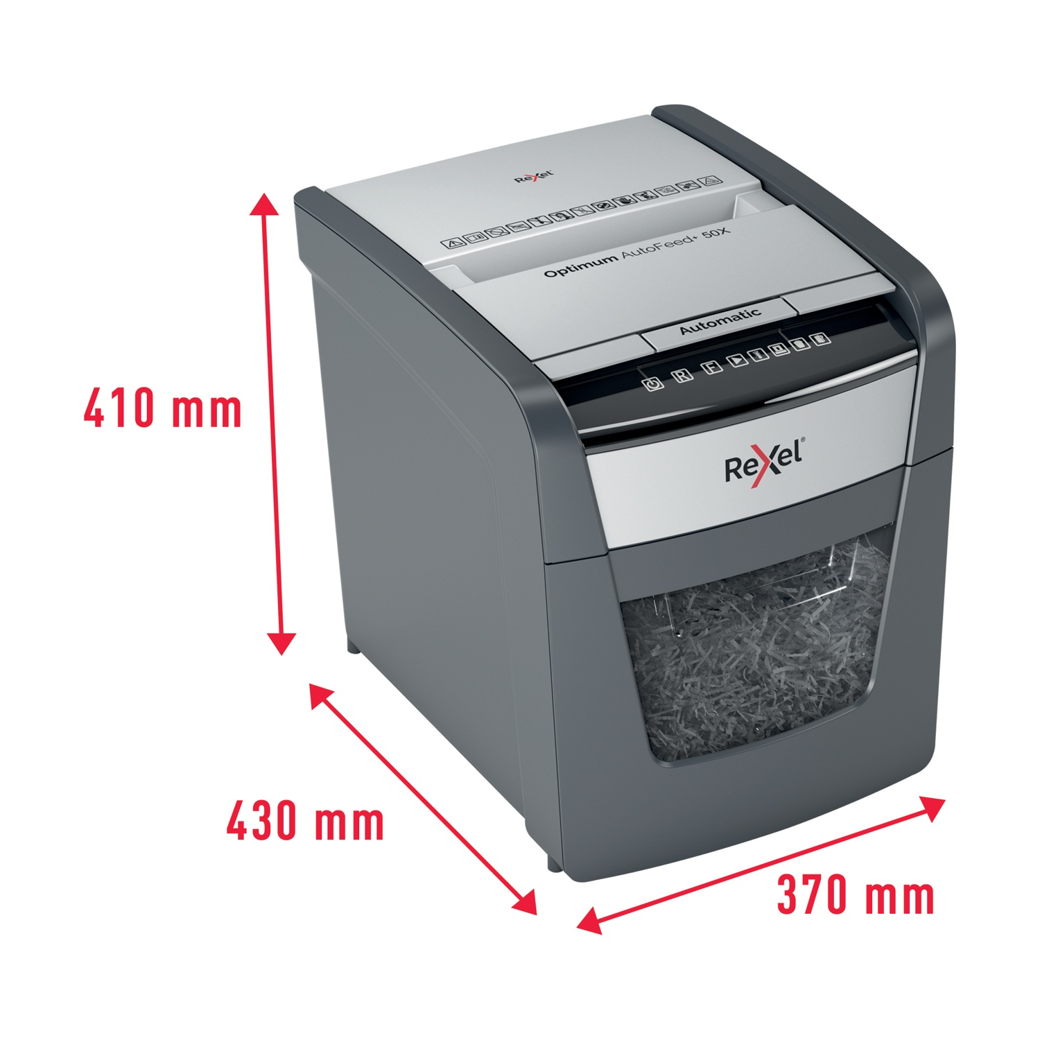 Un distruggidocumenti Rexel Optimum AutoFeed+ 50X grigio e argento. Dimensioni: 410 mm di altezza, 430 mm di larghezza e 370 mm di profondità.