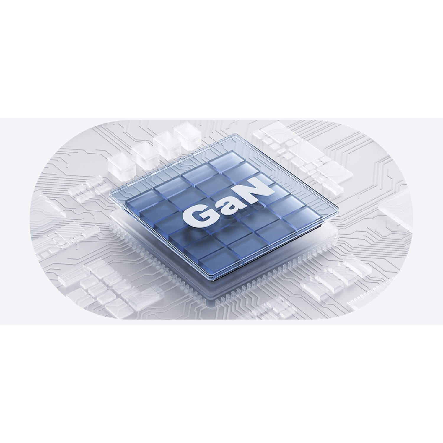 Un chip GaN blu su un circuito stampato bianco. Il chip ha un motivo a griglia e le lettere GaN sono visibili.