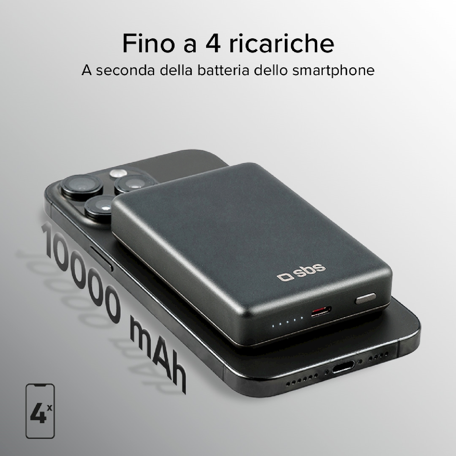 Un telefono nero con un power bank nero sopra. Il power bank ha il logo sbs. Testo: fino a 4 ricariche, 10000 mAh.