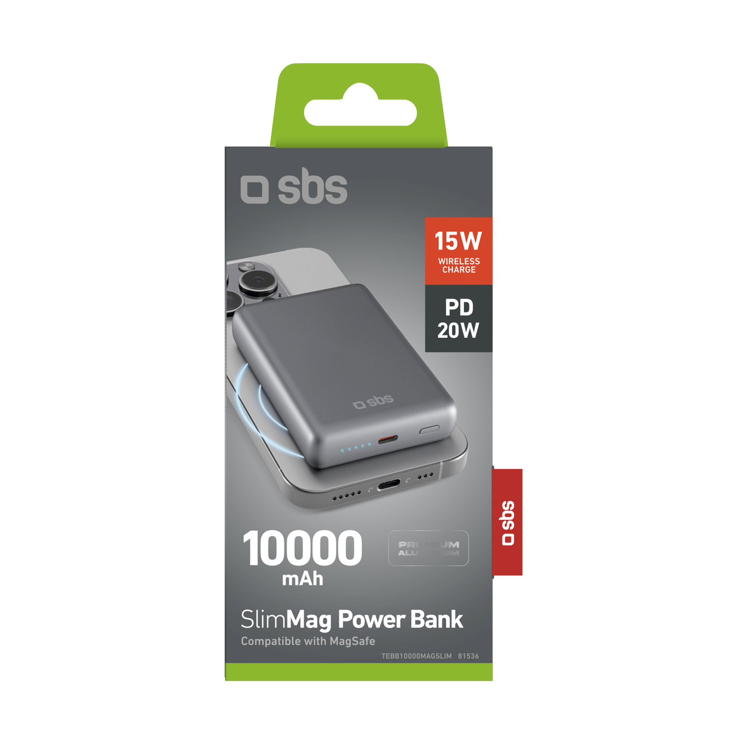 Un power bank sul retro di un telefono. La confezione mostra dettagli: 15W wireless, PD 20W, 10000 mAh e SlimMag Power Bank.
