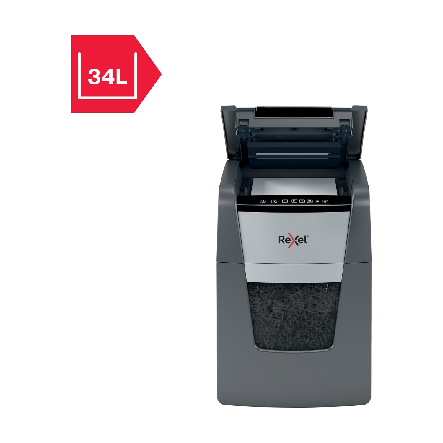 Un tritacarte grigio e bianco con la parte superiore aperta, pieno di carta sminuzzata. Una freccia rossa indica una capacità di 34L.