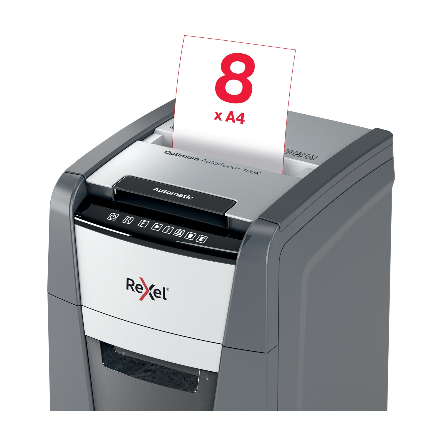Un tritacarte con un foglio bianco che mostra il numero 8 e 'x A4'. È una macchina Rexel Optimum AutoFeed+ 100X.