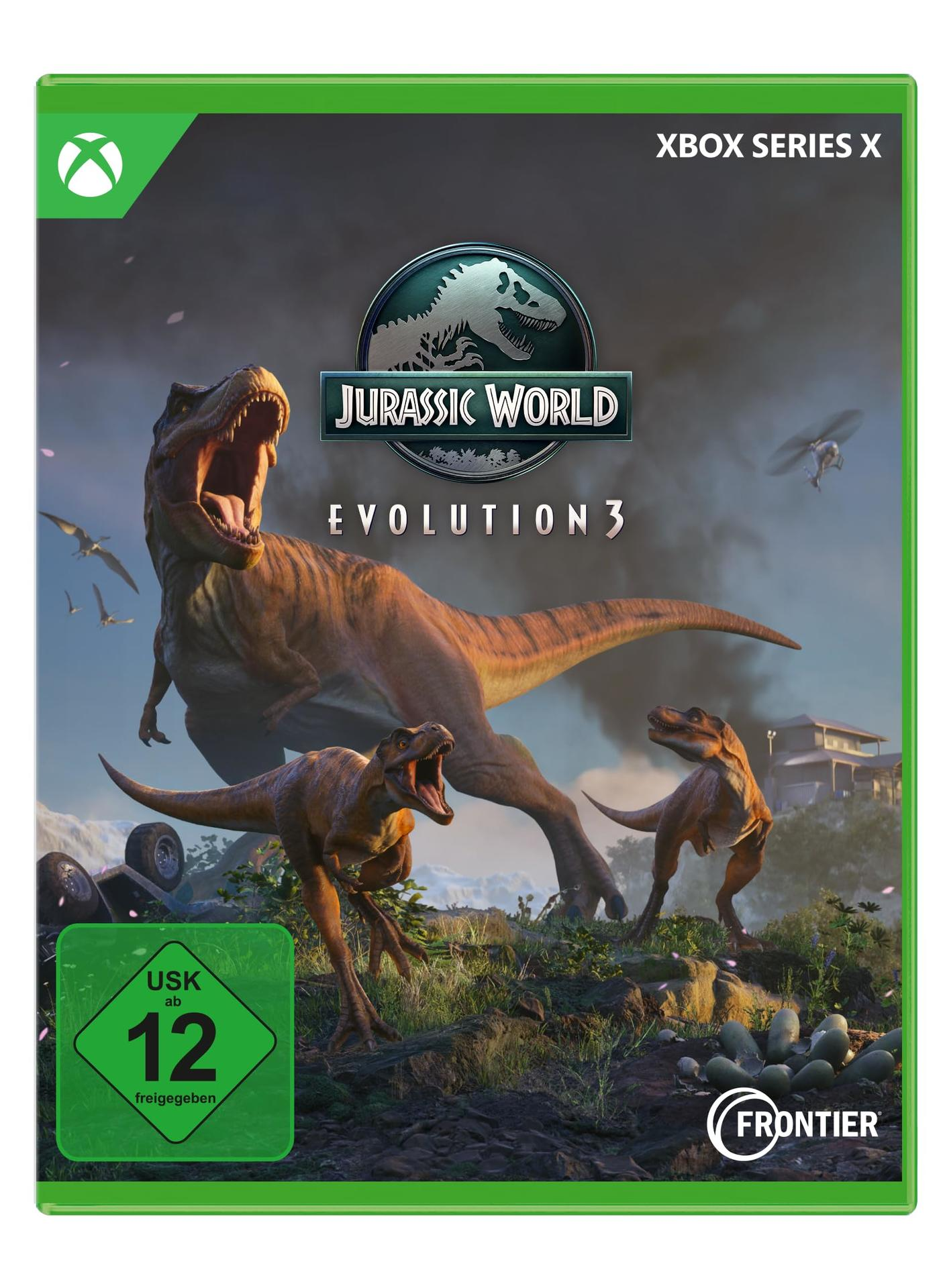 Jurassic World Evolution 3-Spielcover. Ein T-Rex und andere Dinosaurier brüllen. Grüne Xbox Series X-Box.
