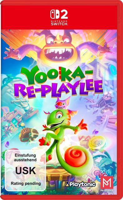 Spielcover von Yooka-Replaylee. Ein grünes, chamäleonartiges Wesen springt, mit einem kleineren lila Wesen darüber. Heller, farbenfroher Hintergrund.